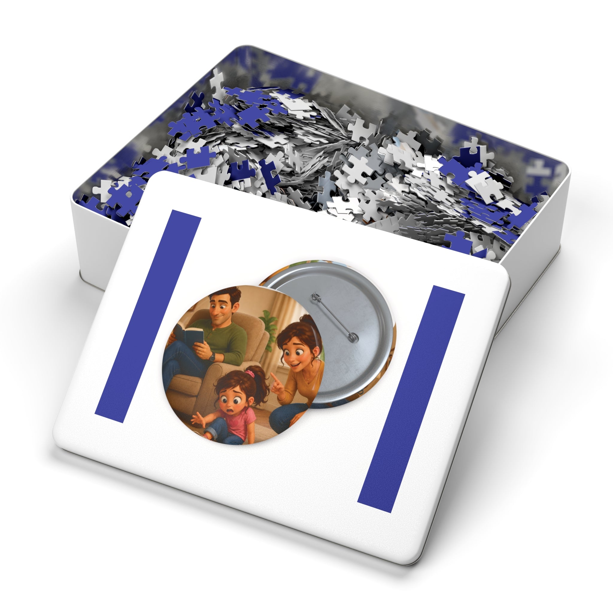 Family Movie Night Round Pin Puzzle with Tin — 252-Piece Keepsake Jigsaw