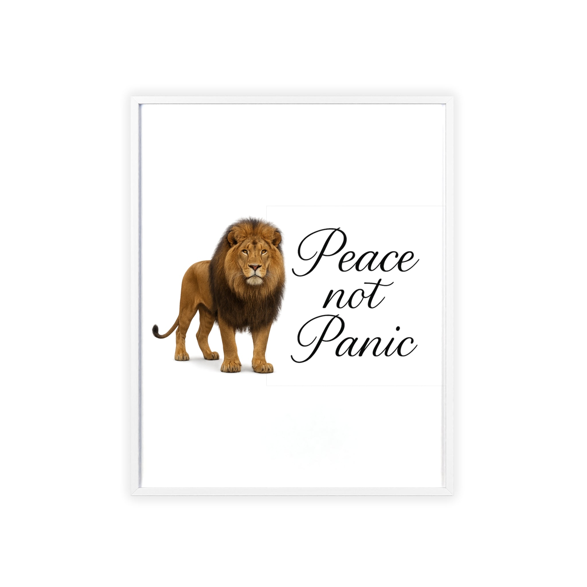 Peace Not Panic Lion Poster with Wooden Frame — Calming Wall Art for Home & Office