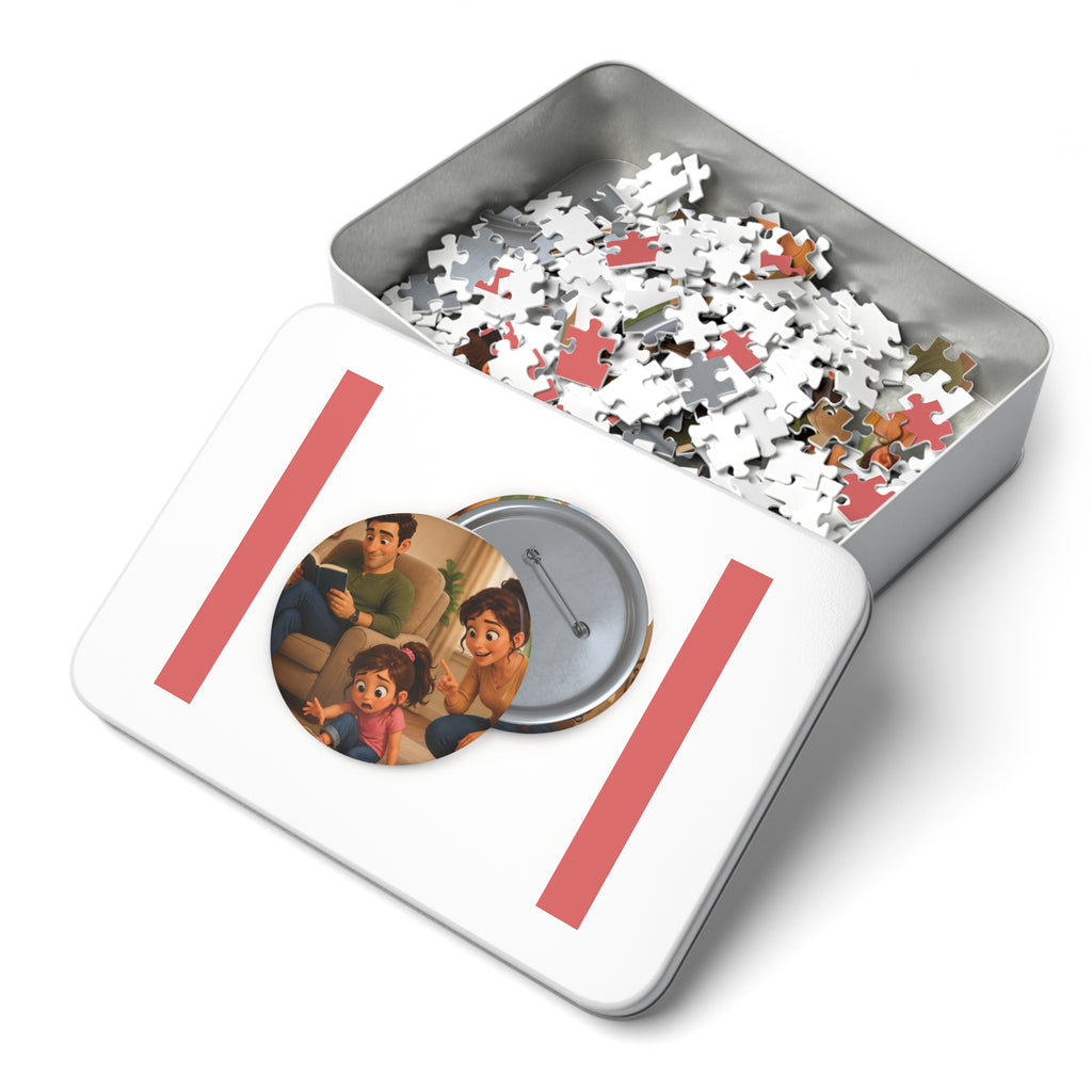 Family Moment 252-Piece Round Tin Puzzle — Cute Parents & Kid Illustration