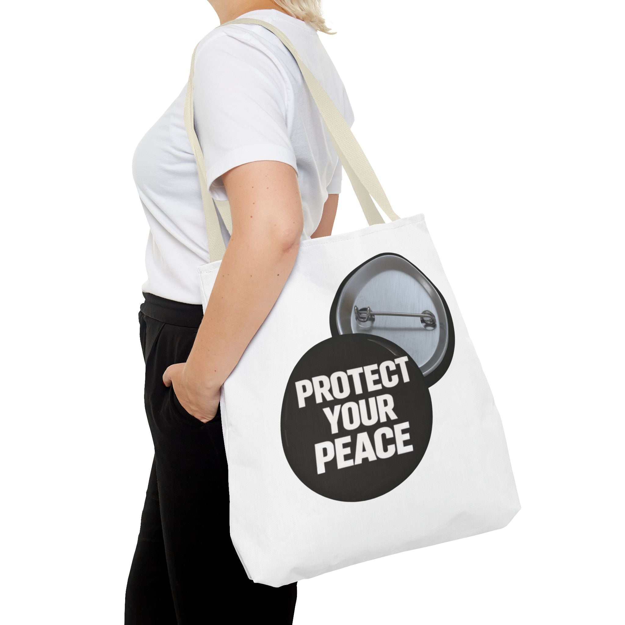 Tote — "Protect Your Peace" Button Design Cotton Tote Bag