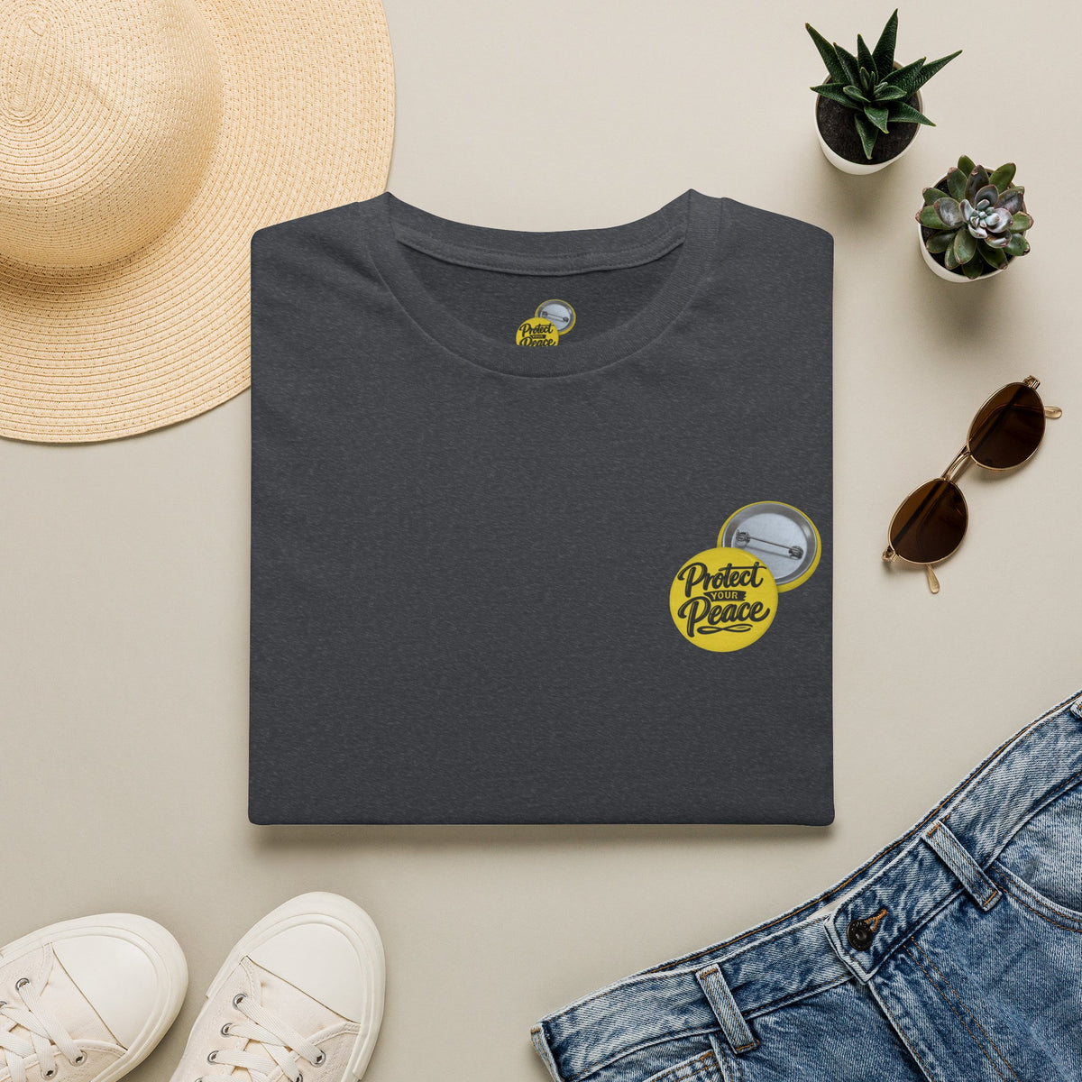 T-Shirt — 'Protect the Peace' Yellow Badge Casual Tee