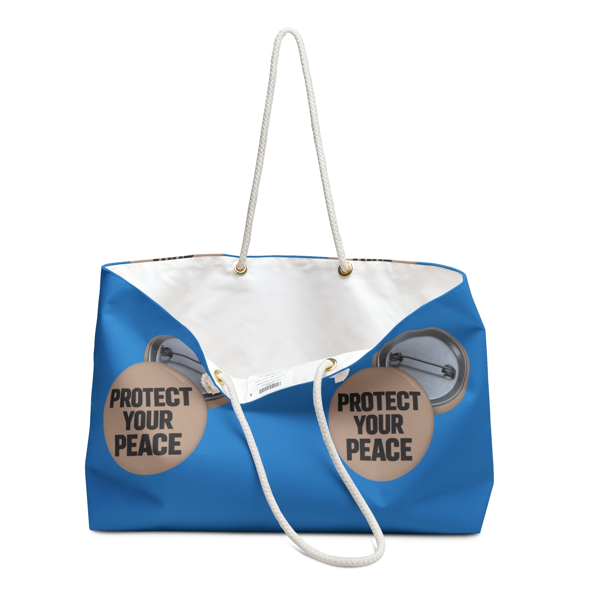 Protect Your Peace Weekender Bag — Blue Travel Tote with Button Badge Design