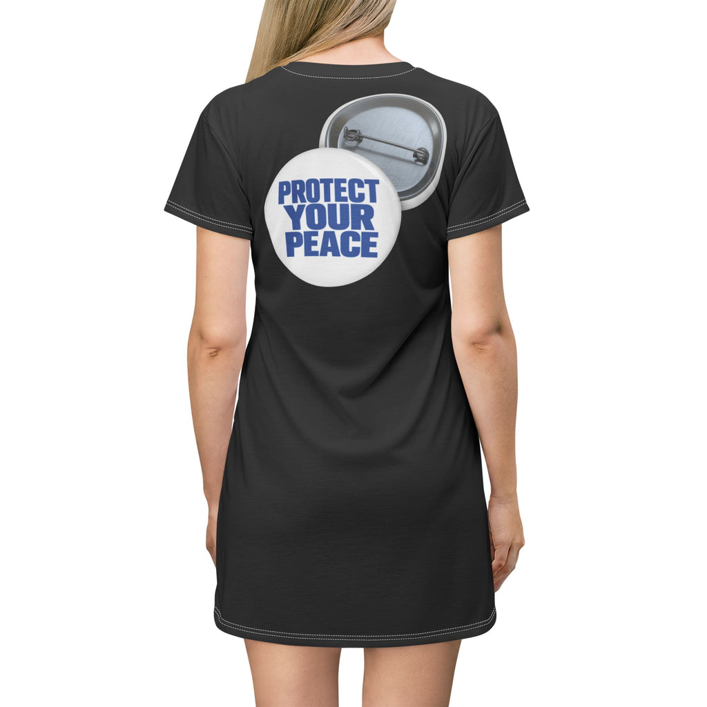Protect Your Peace T‑Shirt Dress — Button Badge Graphic AOP