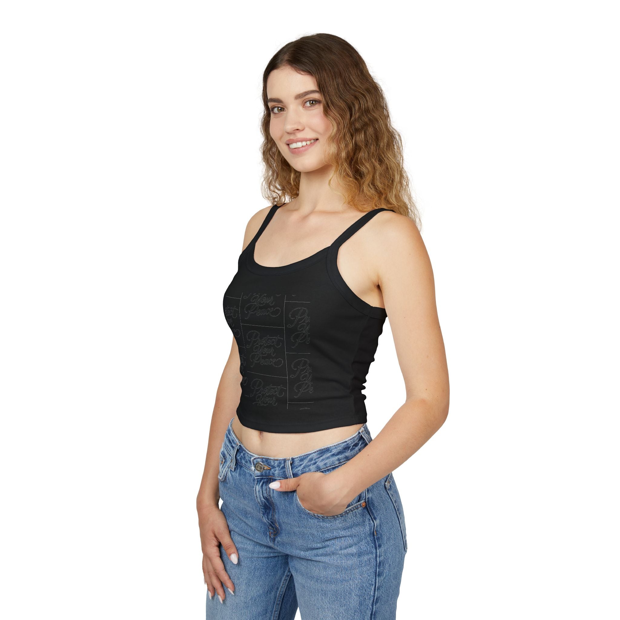 Crop Tank Top2 — "Protect Your Peace" Script Grid Graphic