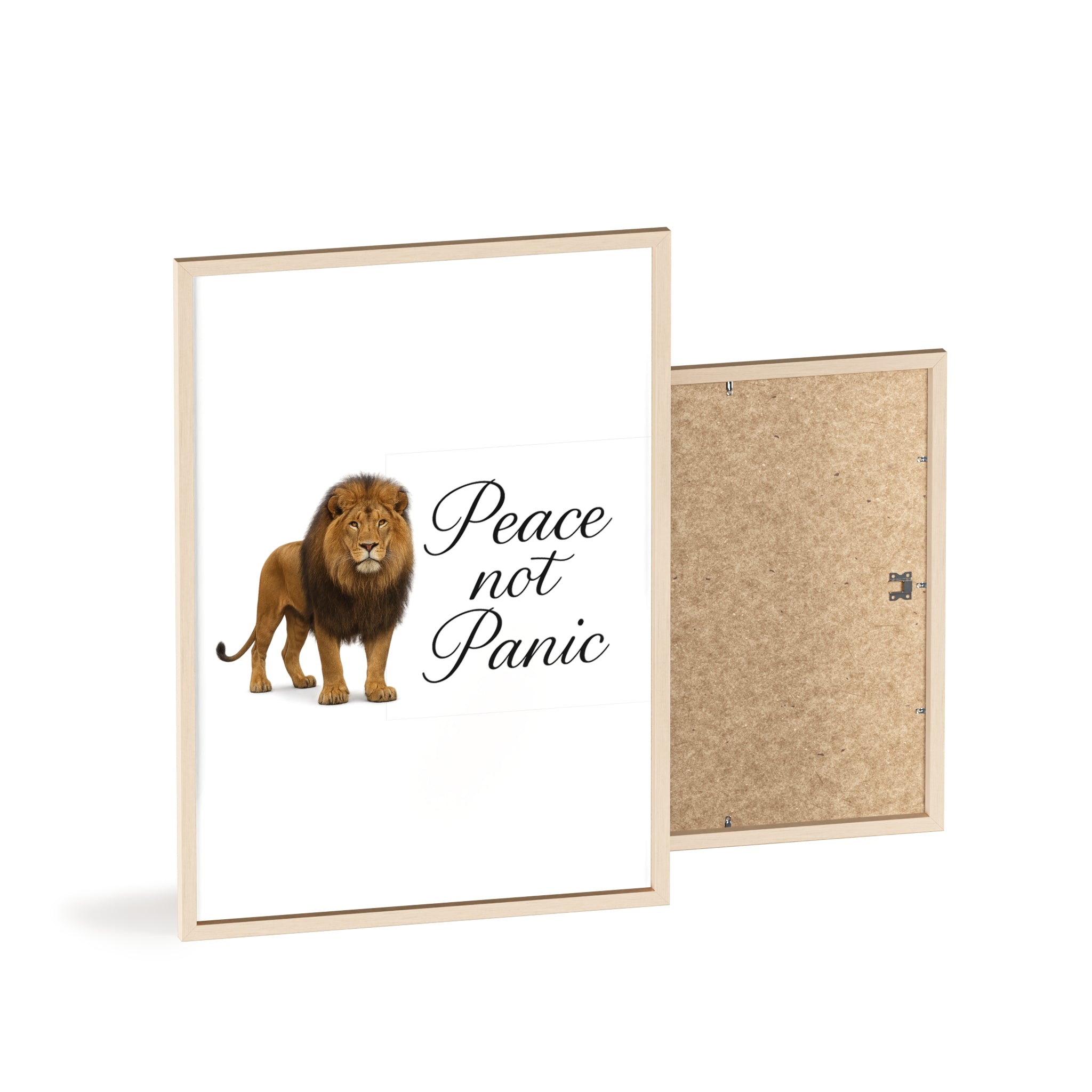 Peace Not Panic Lion Poster with Wooden Frame — Calming Wall Art for Home & Office