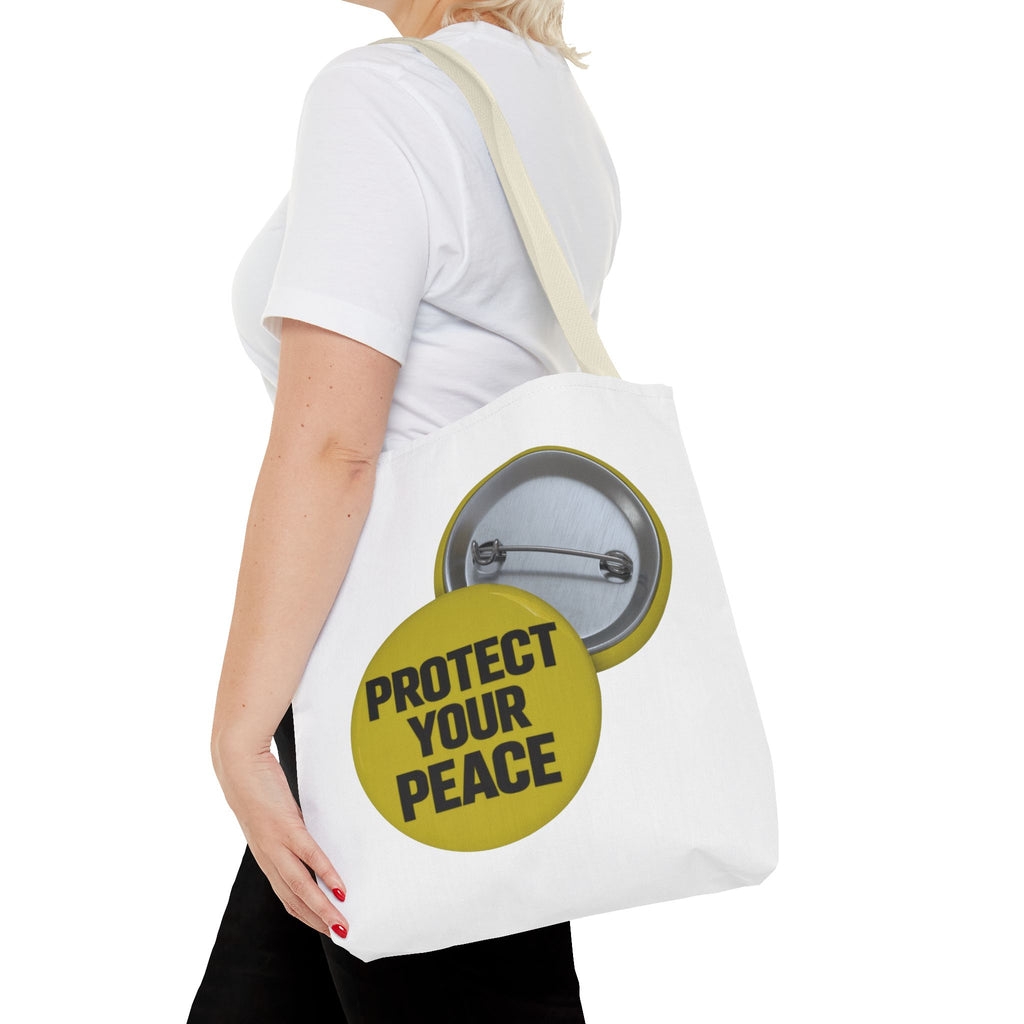 Protect Your Peace Tote Bag — Inspirational Yellow Button Graphic Tote