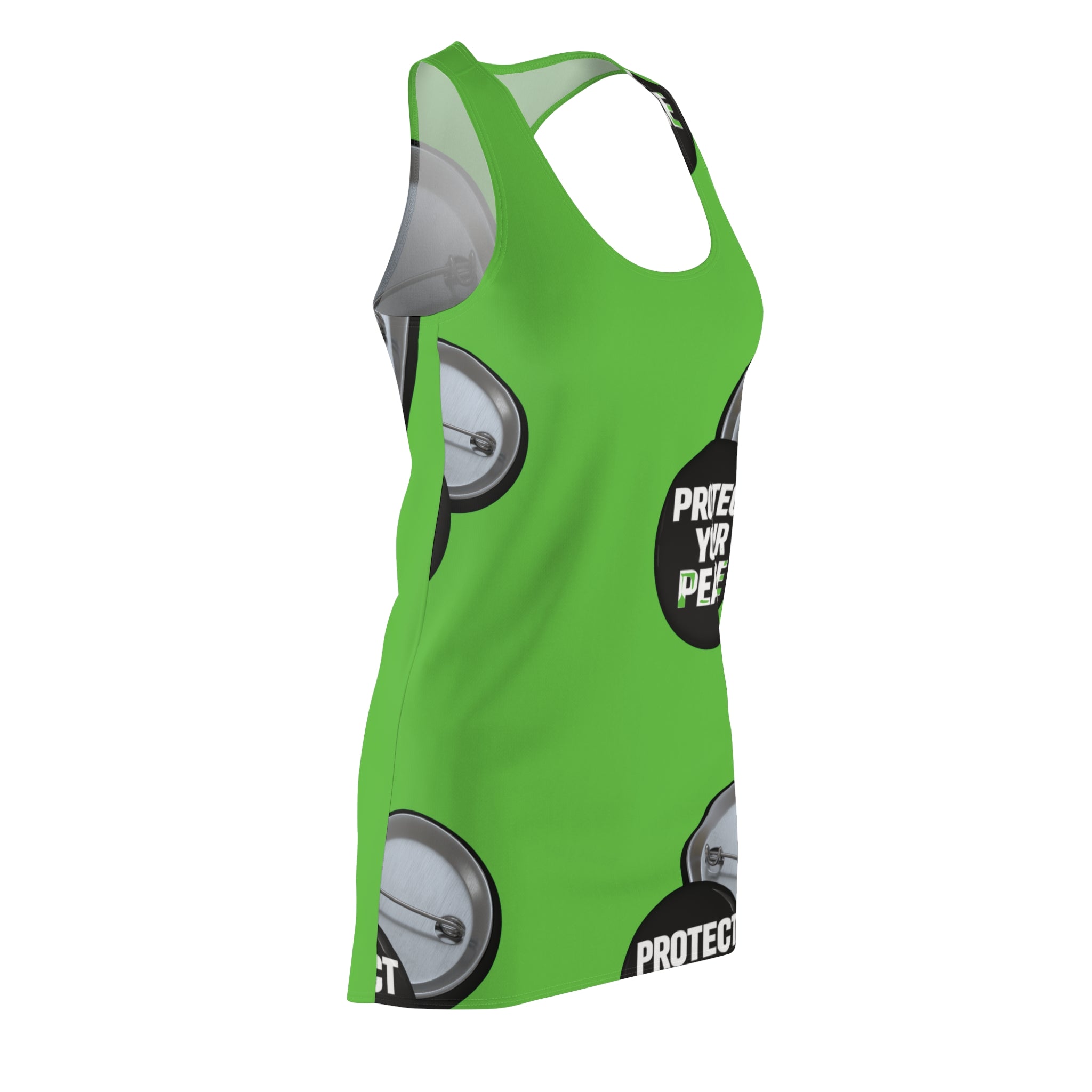 Protect Your Peace Racerback Dress — Bold Green AOP Peace Button Design