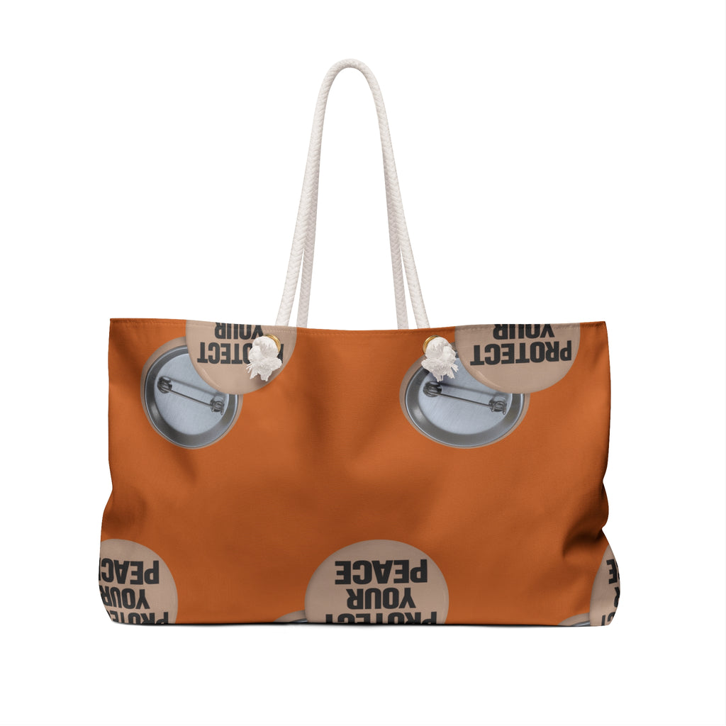 Protect Your Peace Weekender Bag – Bold Red Travel Tote with Button Pin Graphic