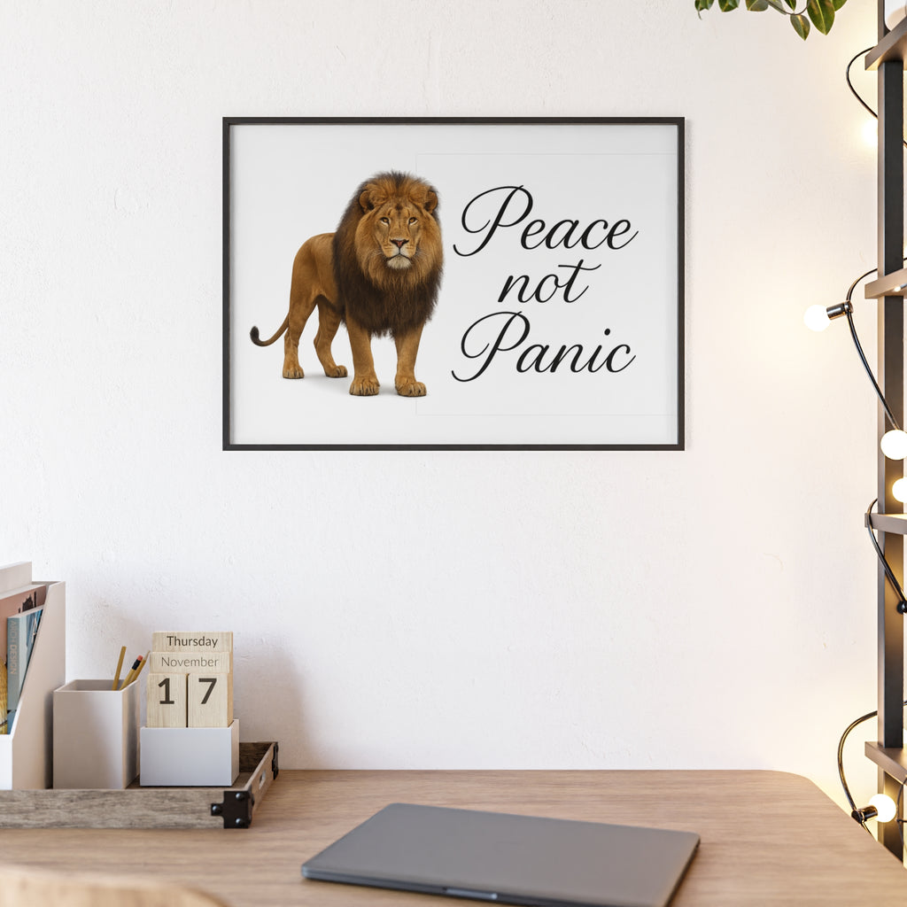 Peace Not Panic Lion Poster with Wooden Frame — Calming Wall Art for Home & Office
