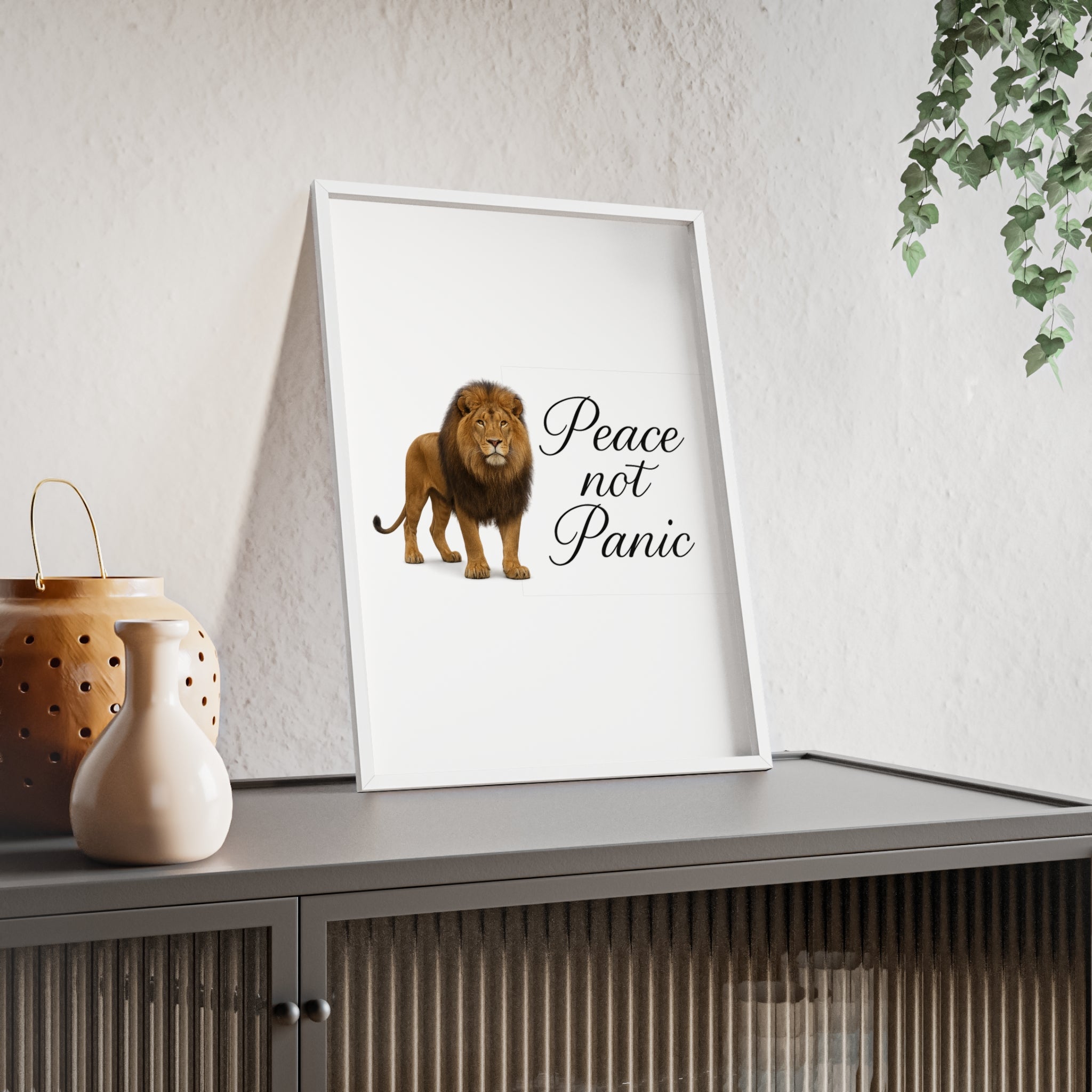 Peace Not Panic Lion Poster with Wooden Frame — Calming Wall Art for Home & Office