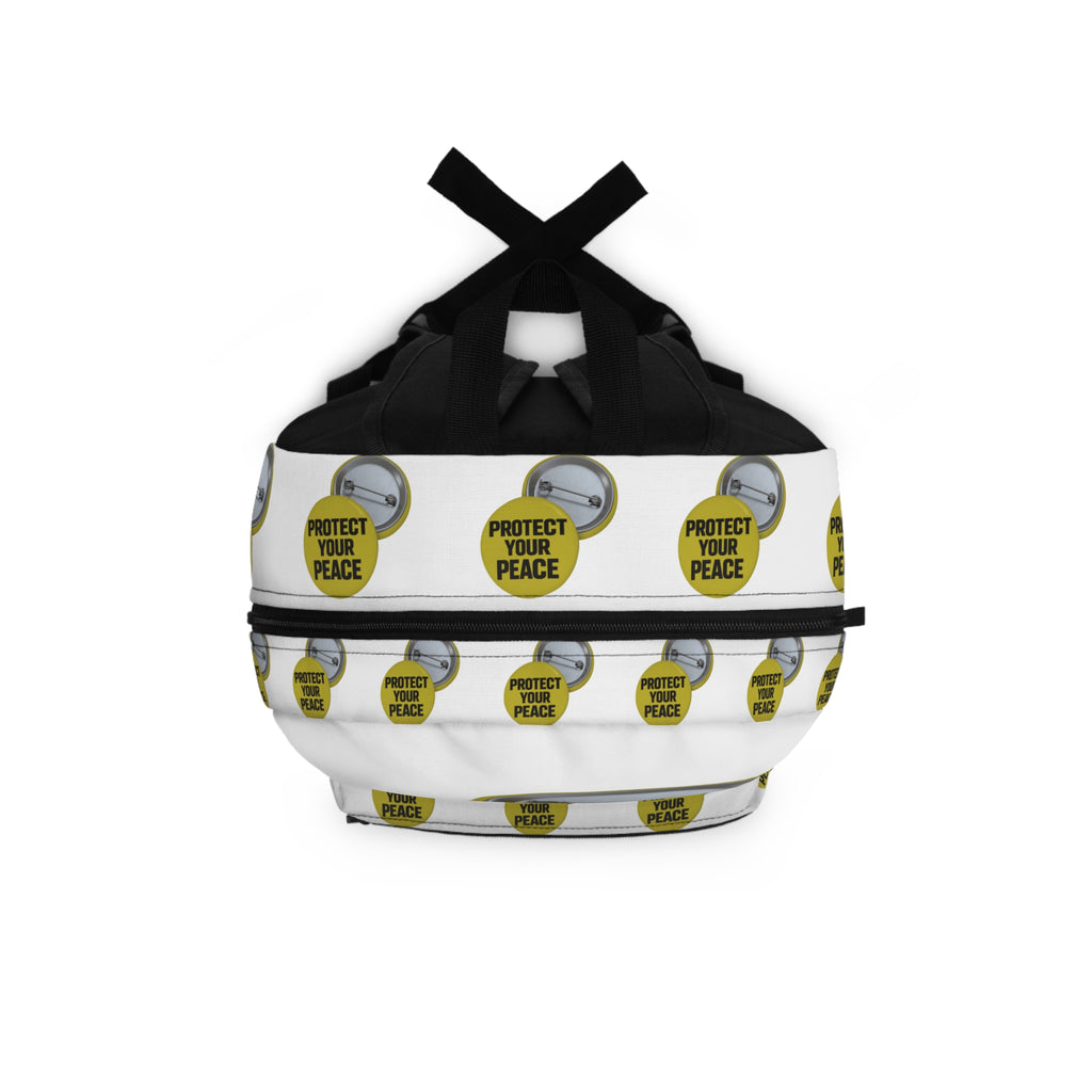 Protect Your Peace Backpack — Yellow Button Graphic Backpack for Students & Everyday Use