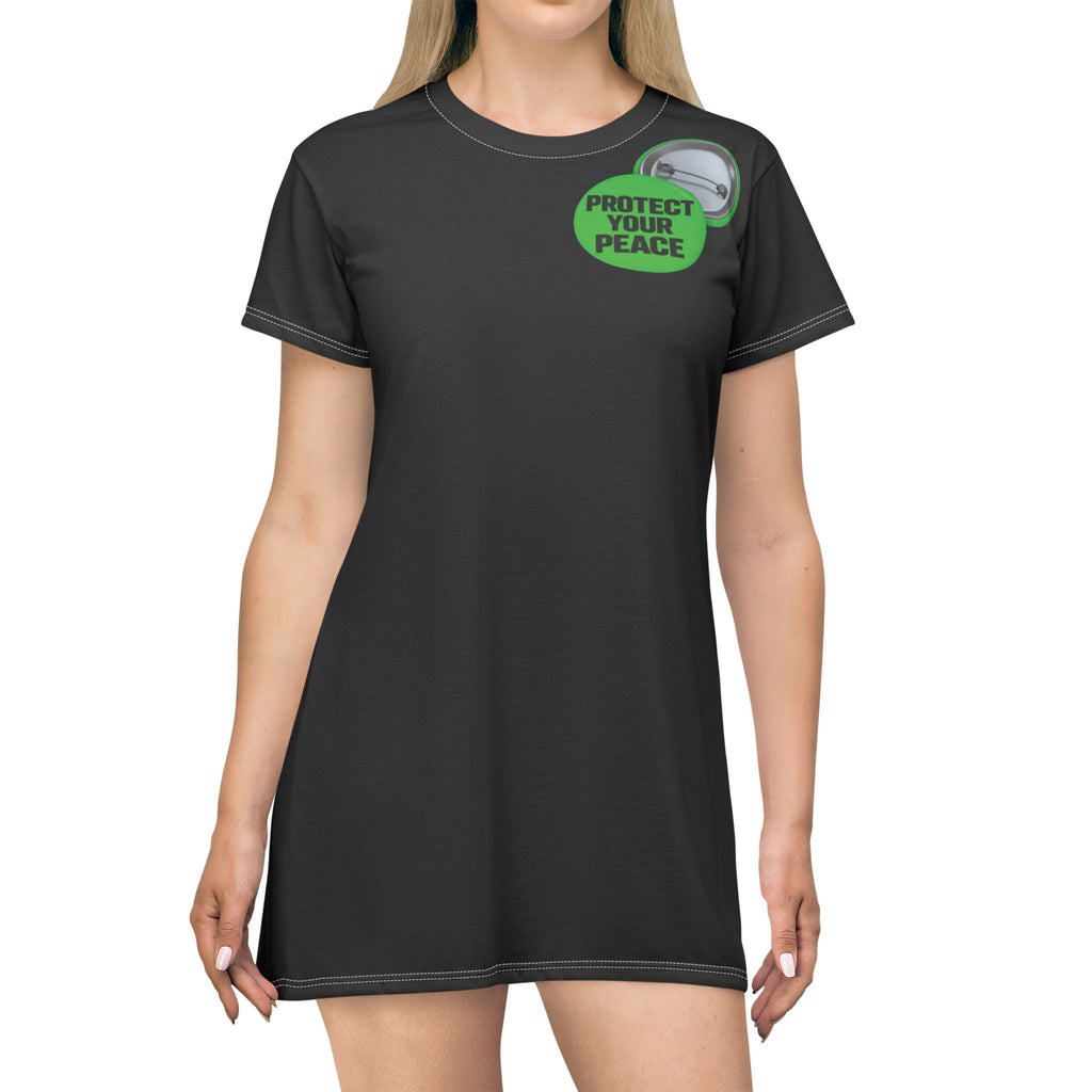 Protect Your Peace T-Shirt Dress — Relaxed Black AOP Dress with Badge Graphic