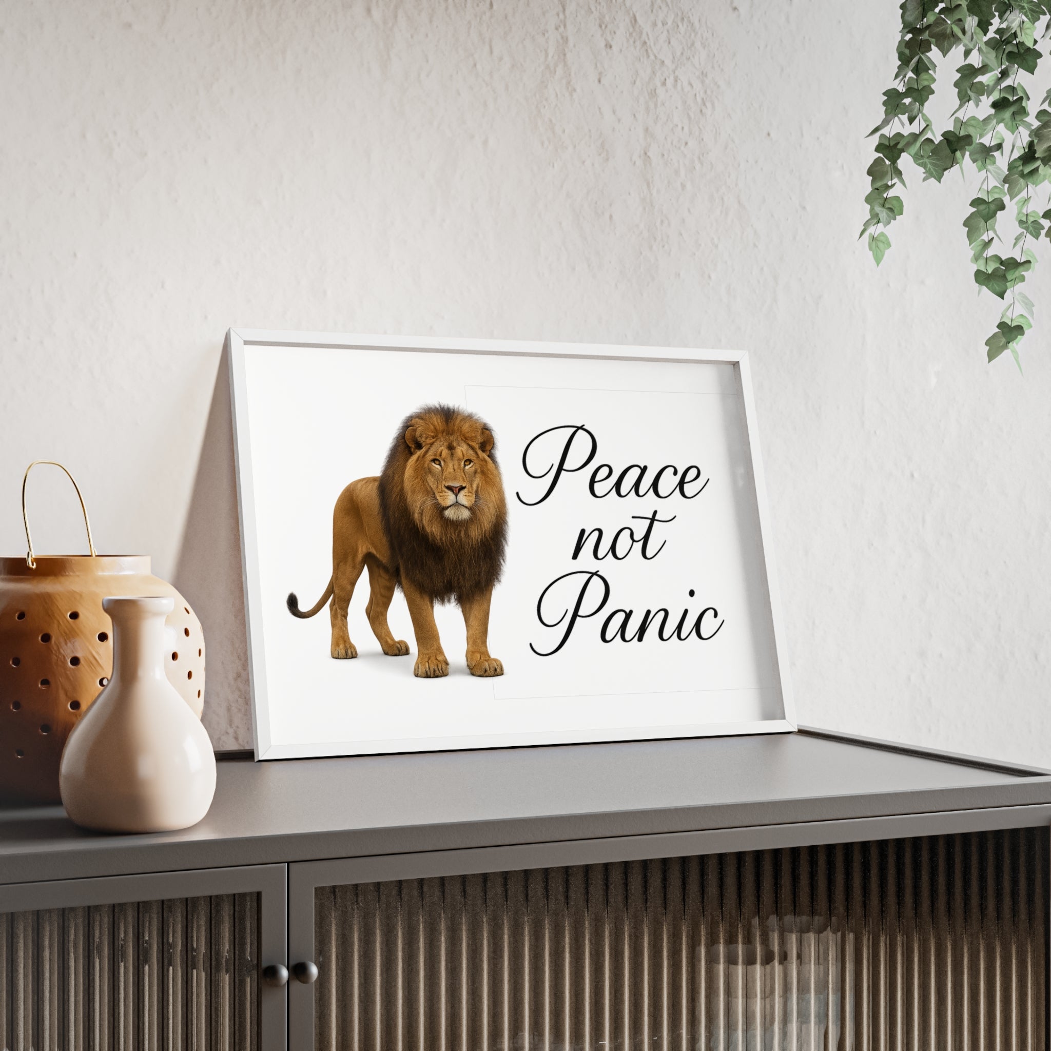 Peace Not Panic Lion Poster with Wooden Frame — Calming Wall Art for Home & Office