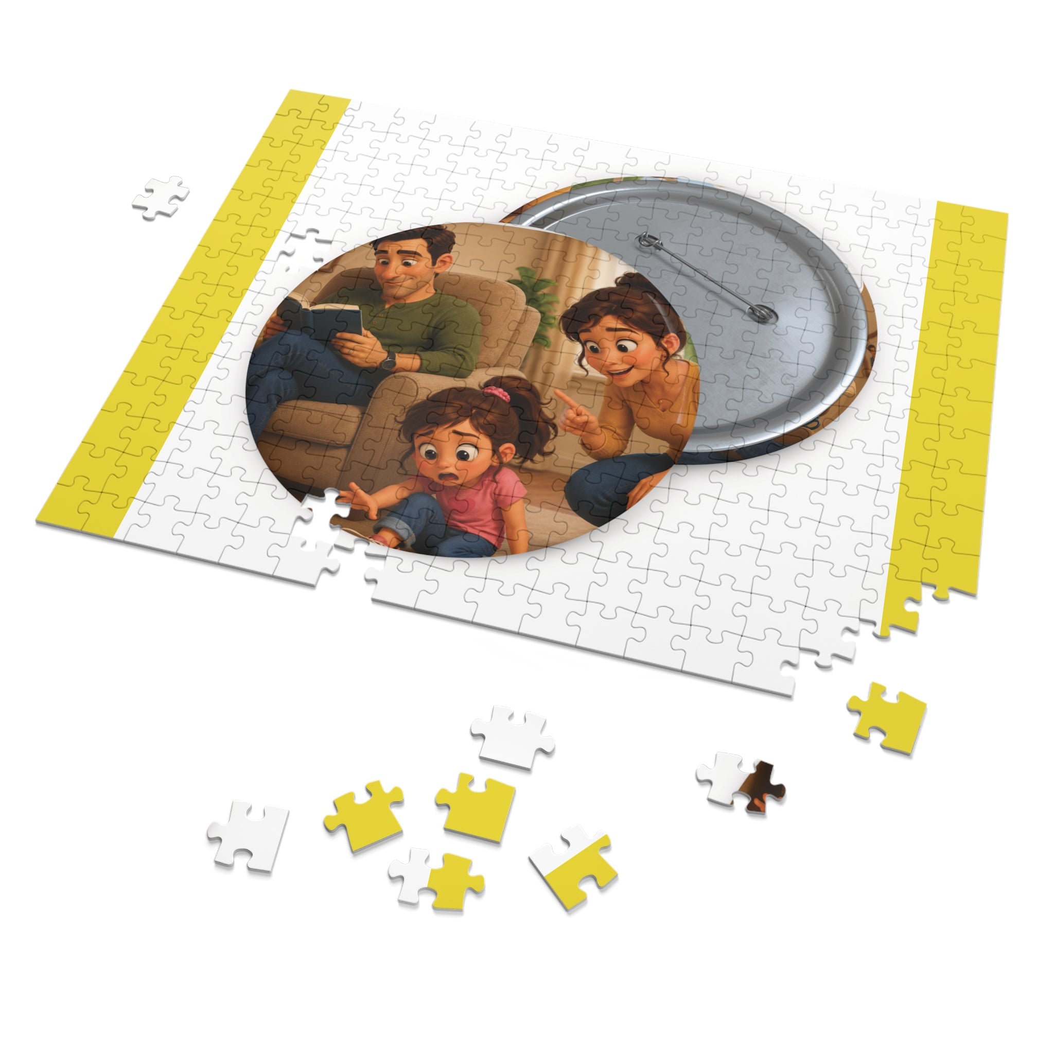 Family Game Night Jigsaw Puzzle with Tin — Cute Cartoon Parents & Child Design