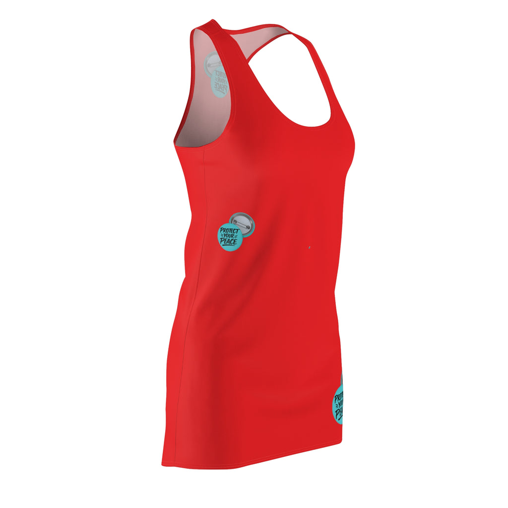 Racerback Dress — Red Cut & Sew AOP with 'Protect Trans Youth' Buttons