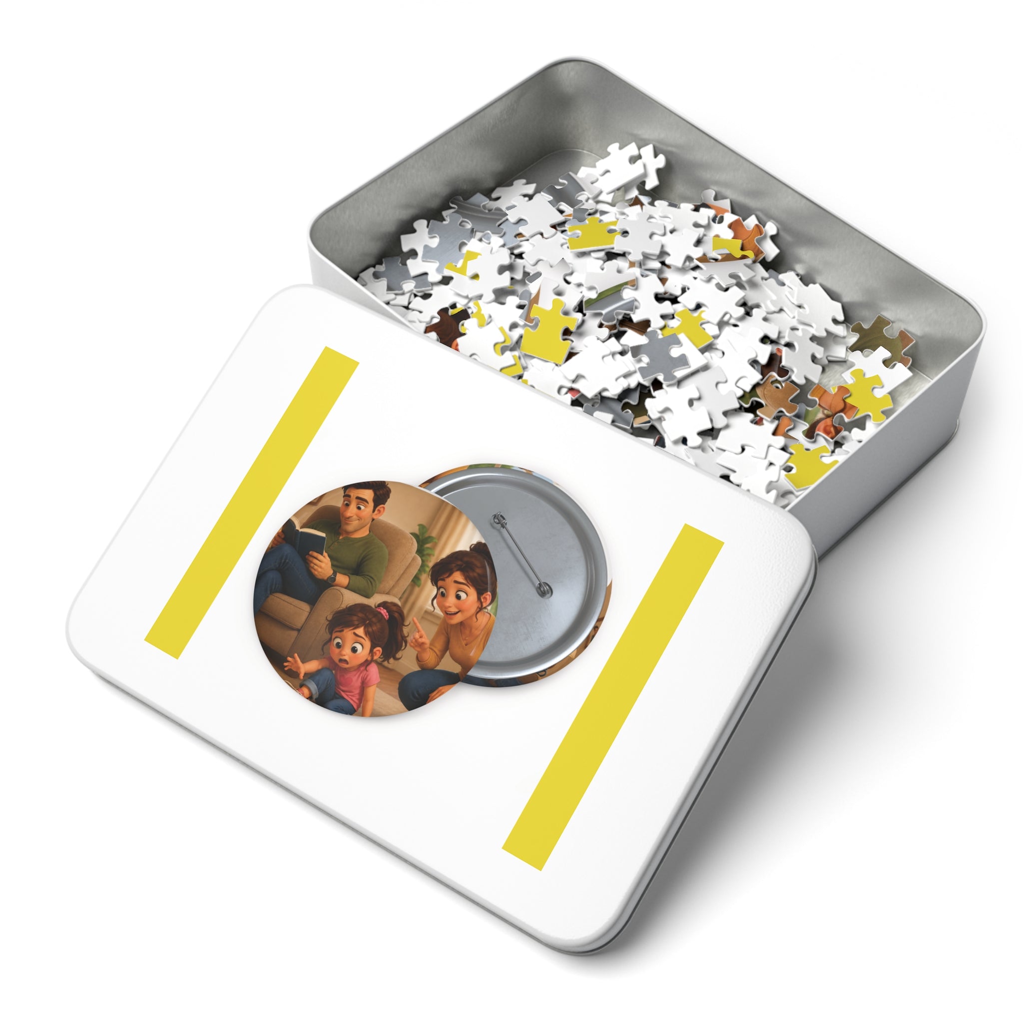 Family Game Night Jigsaw Puzzle with Tin — Cute Cartoon Parents & Child Design