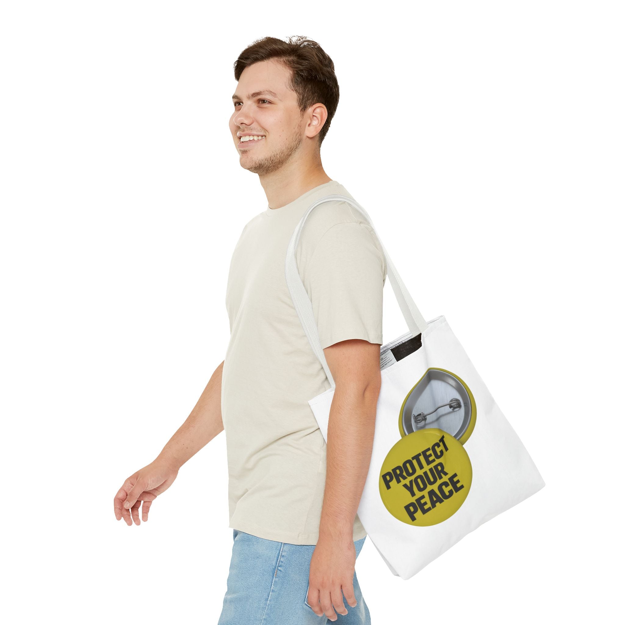 Protect Your Peace Tote Bag — Inspirational Yellow Button Graphic Tote