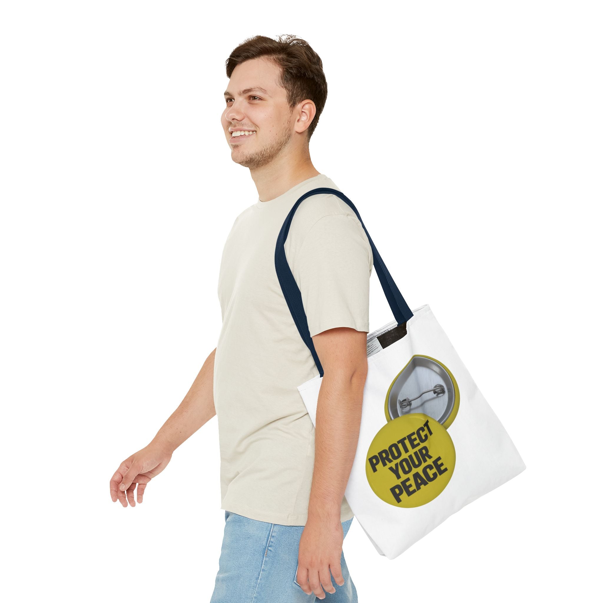 Protect Your Peace Tote Bag — Inspirational Yellow Button Graphic Tote
