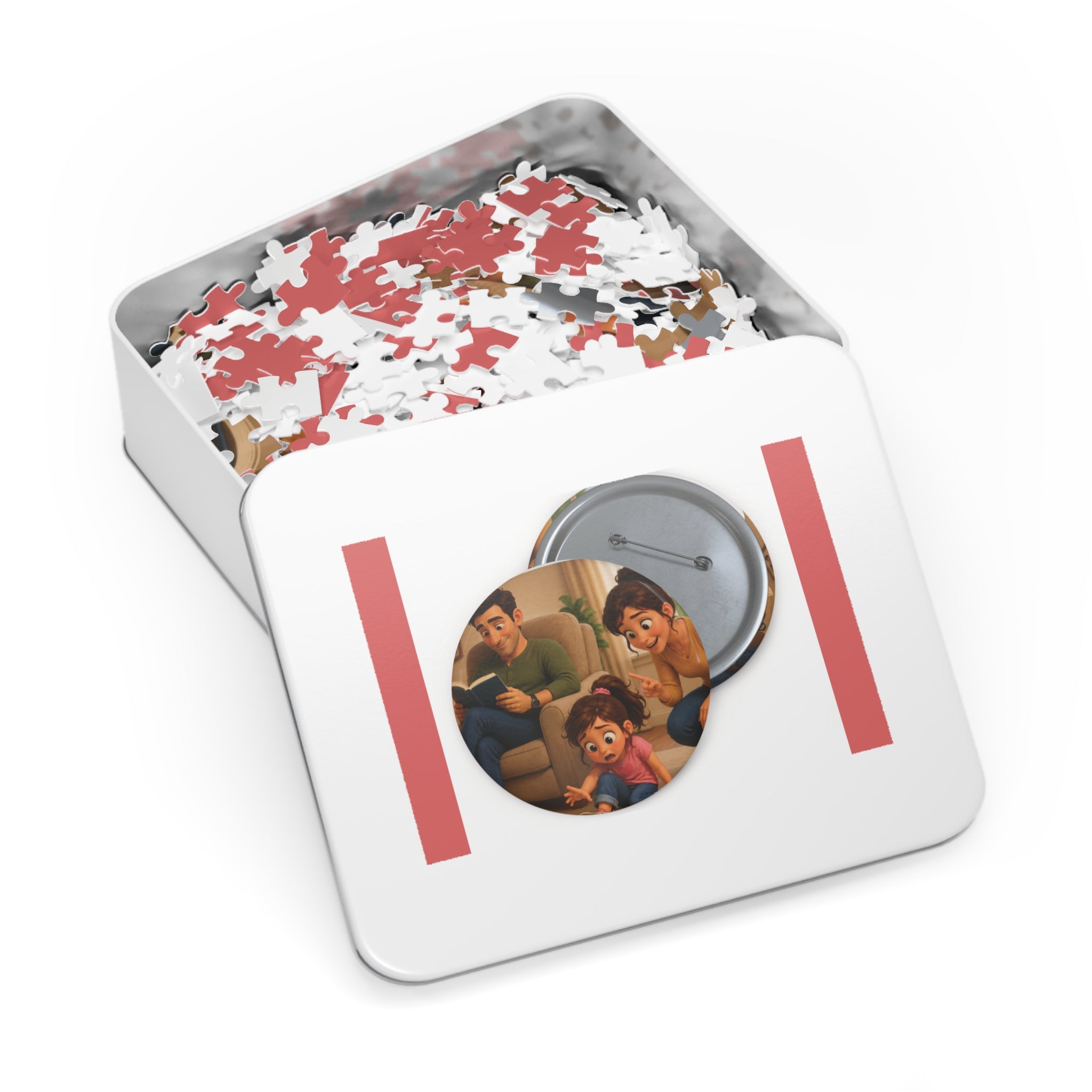 Family Moment 252-Piece Round Tin Puzzle — Cute Parents & Kid Illustration