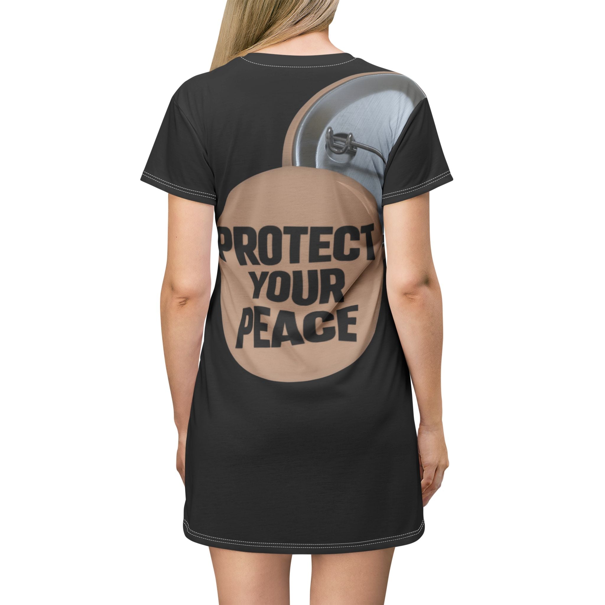 Protect Your Peace T‑Shirt Dress — Graphic Button Badge Design