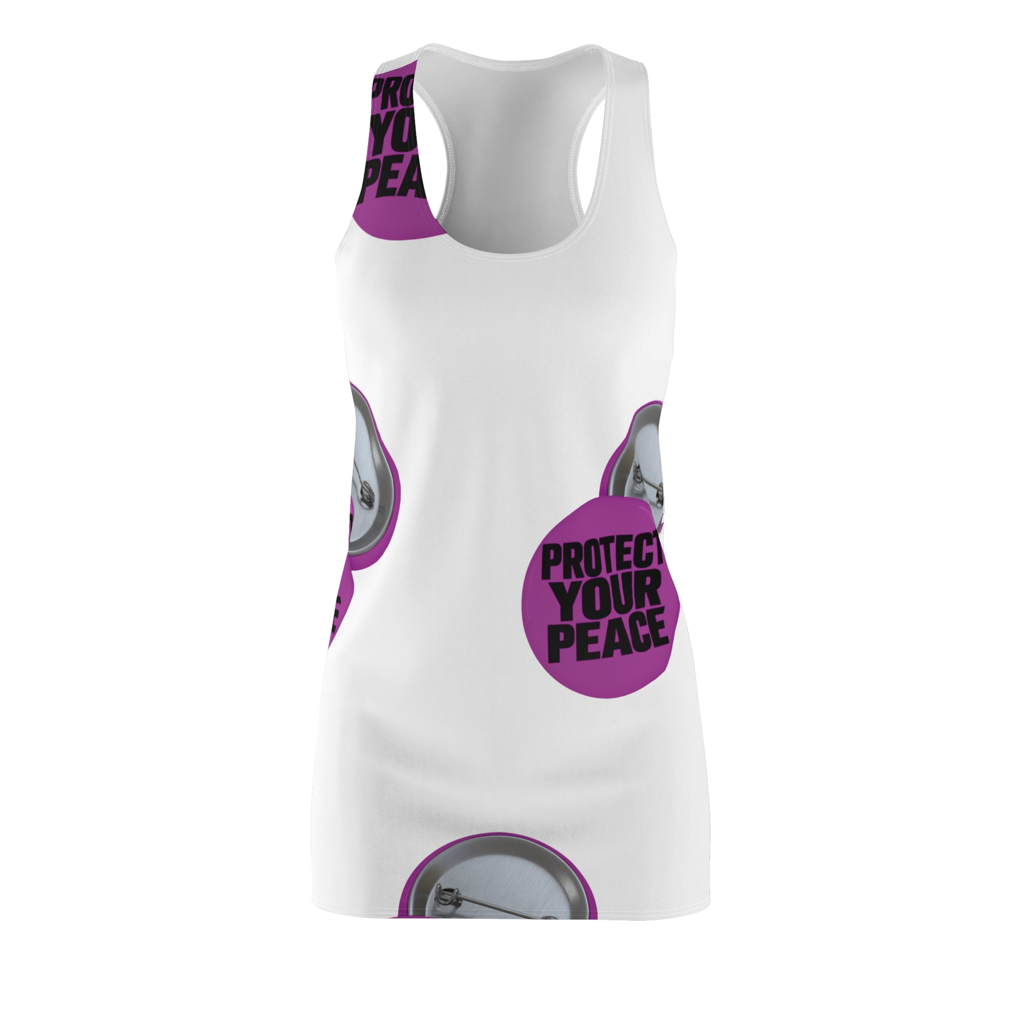 Protect Your Peace Racerback Dress — White AOP Dress with Pink Badge Design