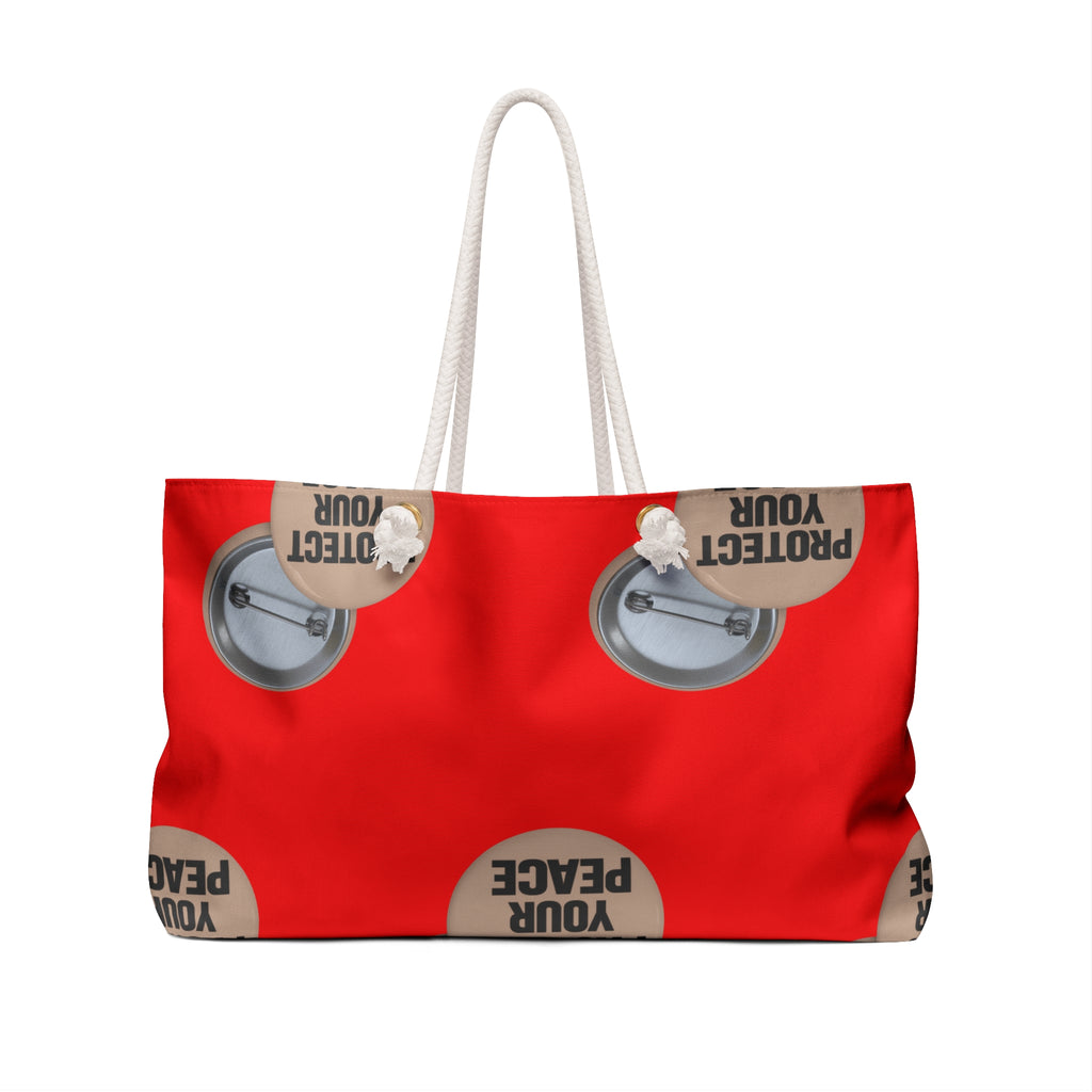 Protect Your Peace Weekender Bag – Red Travel Tote with Button Pin Design