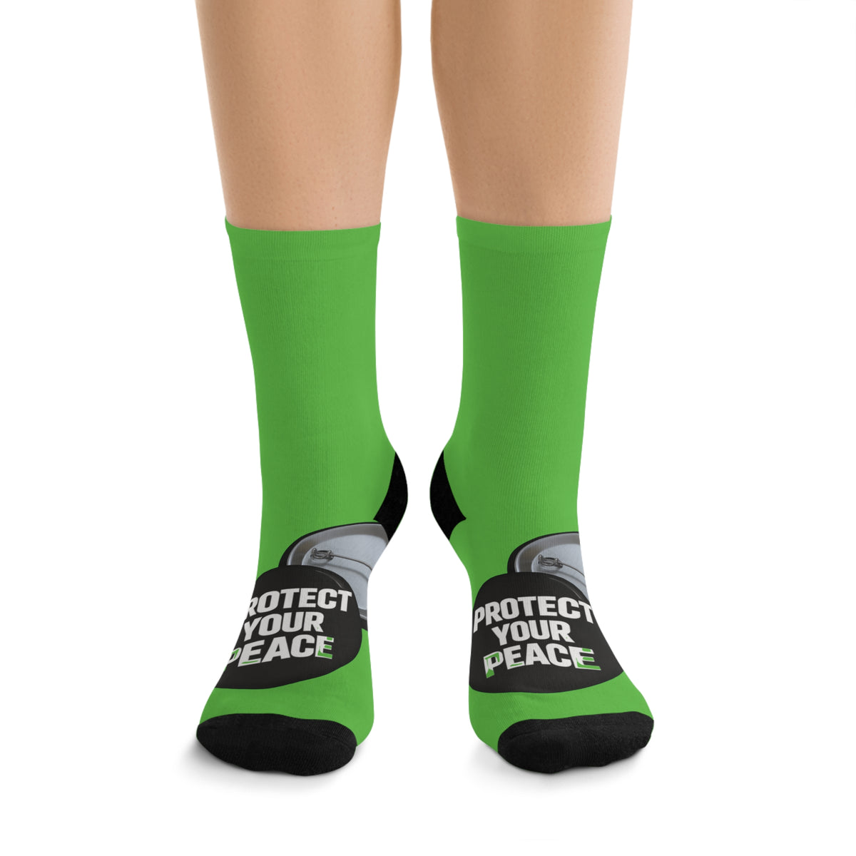 Protect Your Peace Green socks with graphic design .