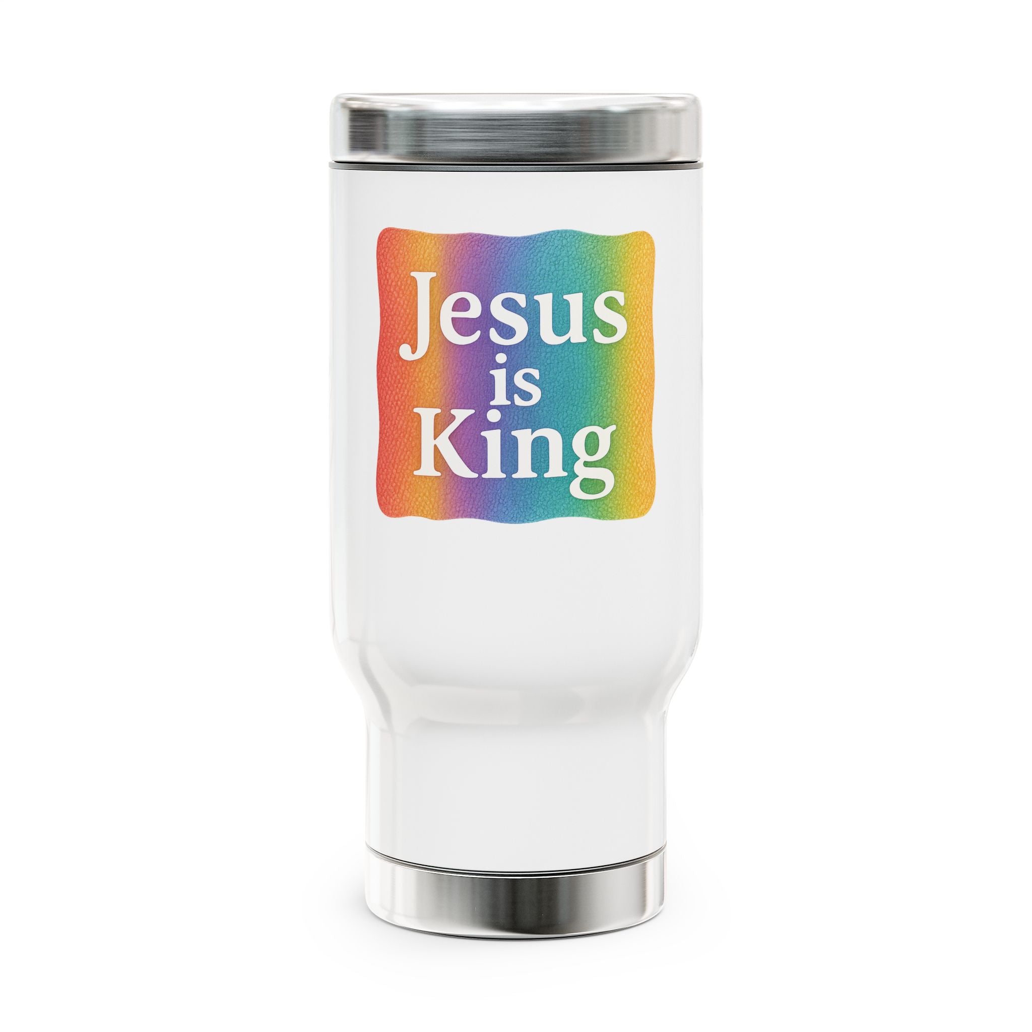 Jesus Is King Rainbow Travel Mug — 14oz Stainless Steel Coffee Tumbler with Handle