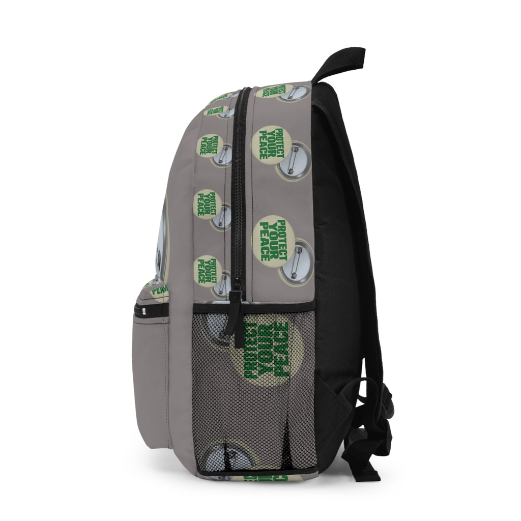 Protect Your Peace Button Pattern Backpack — Neutral Gray Daypack for School & Travel