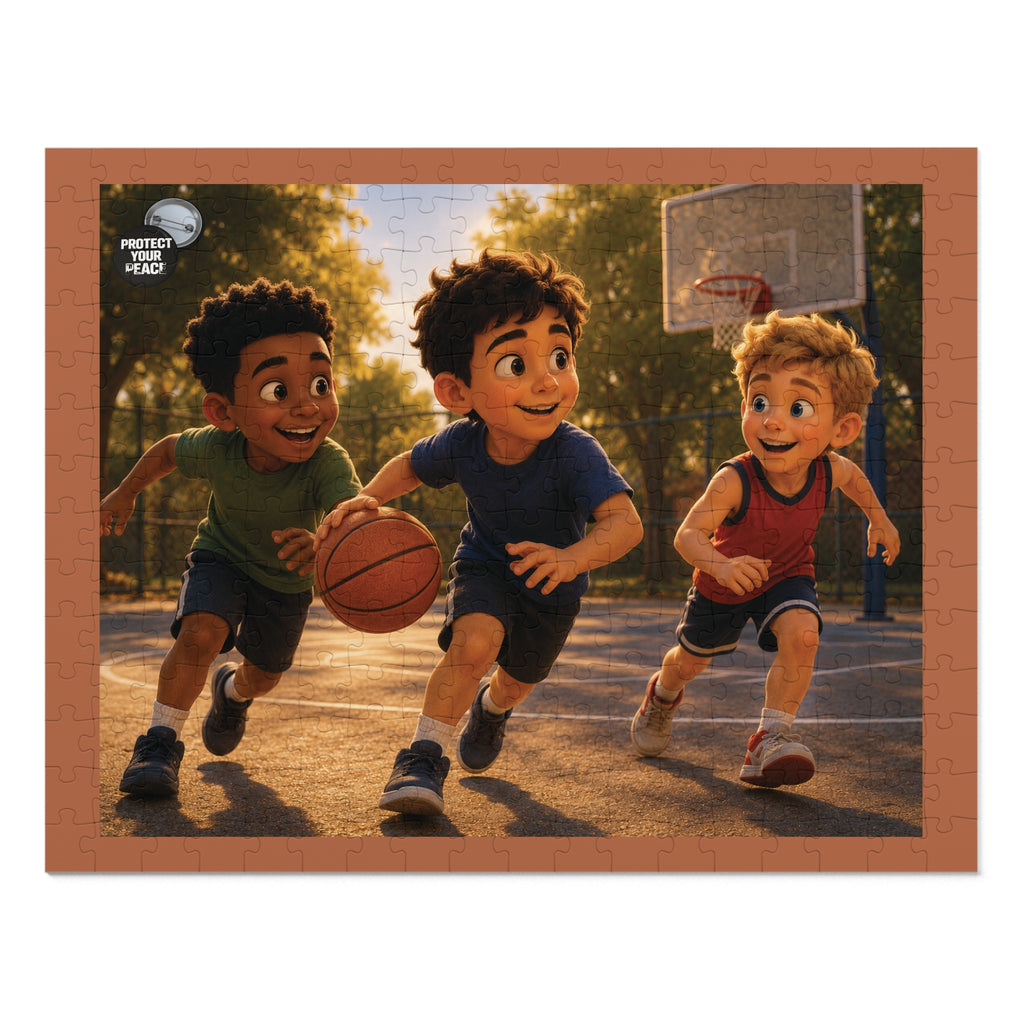Kids Basketball Jigsaw Puzzle Tin — Playful Court Scene Puzzle Gift
