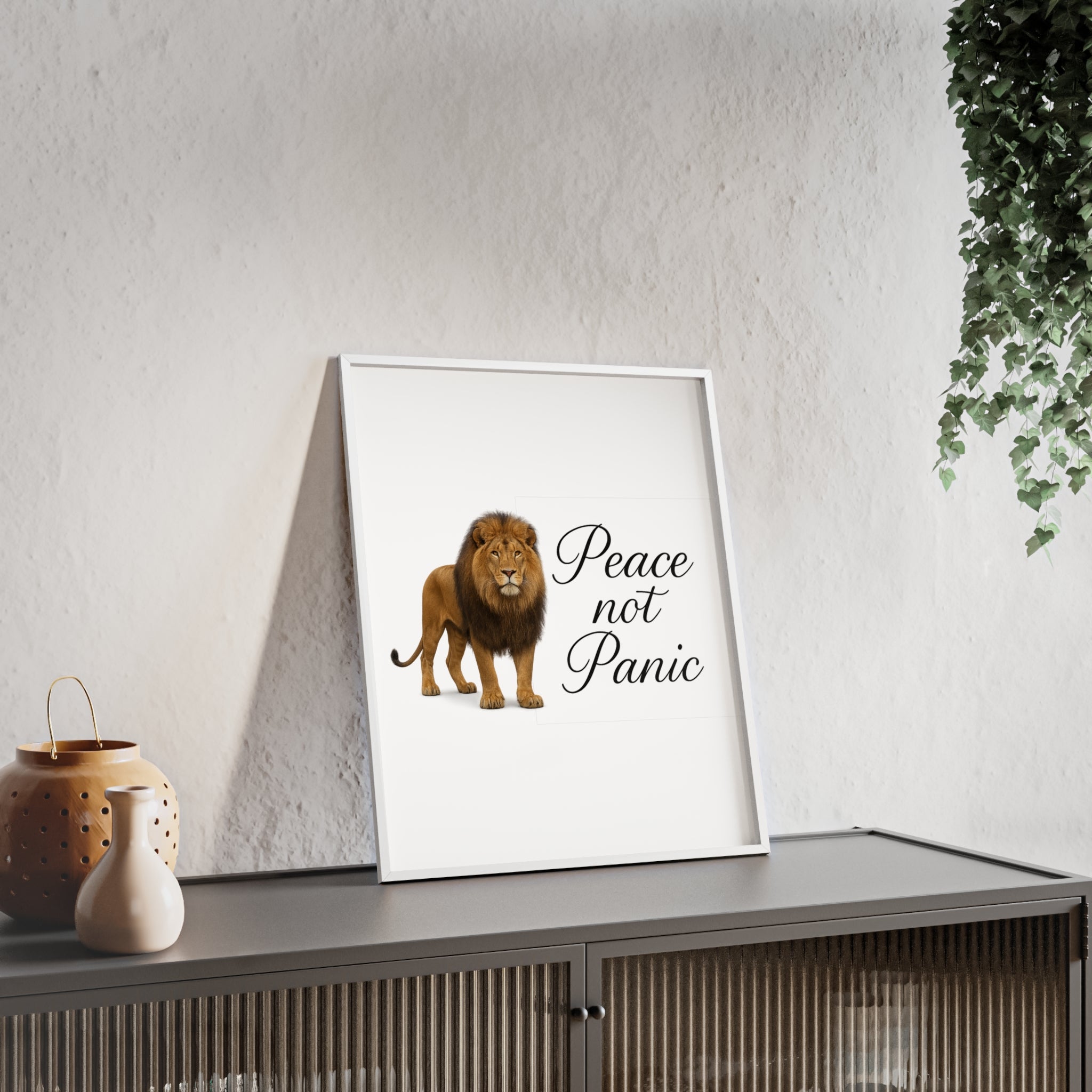 Peace Not Panic Lion Poster with Wooden Frame — Calming Wall Art for Home & Office