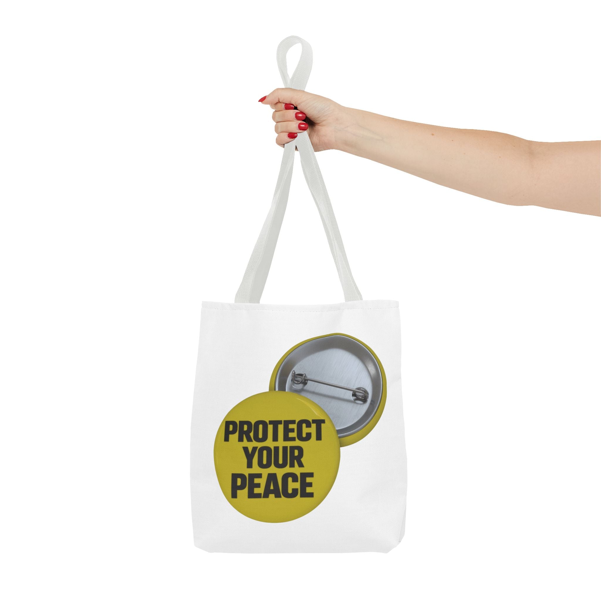 Protect Your Peace Tote Bag — Inspirational Yellow Button Graphic Tote