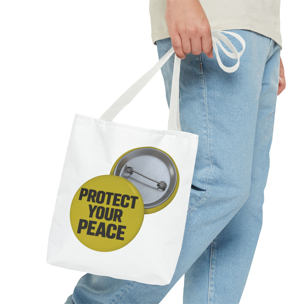 Protect Your Peace Tote Bag — Inspirational Yellow Button Graphic Tote