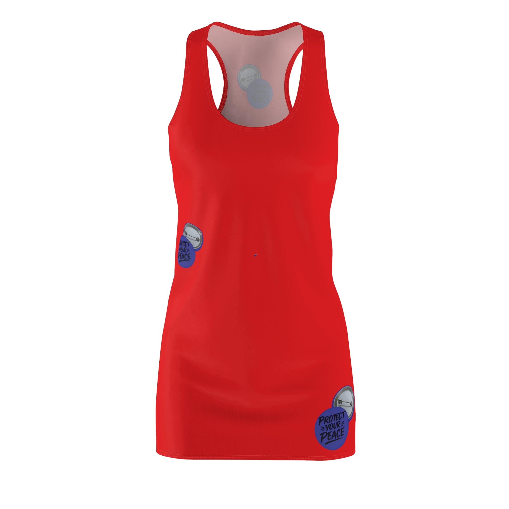 Racerback Dress — Red Button Badge Graphic "Protect your peace"