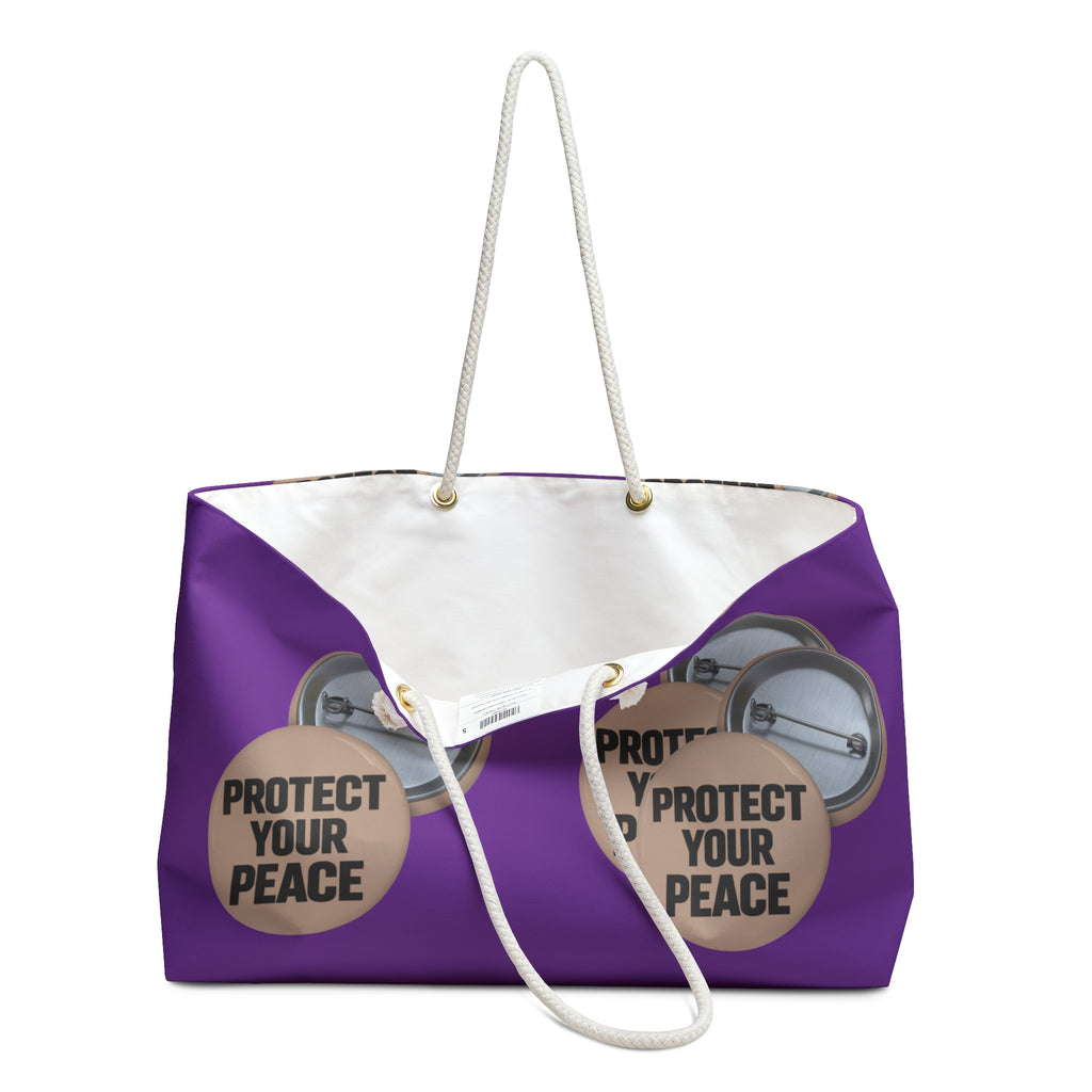 Protect Your Peace Weekender Bag – Purple Travel Tote with Button Badge Graphic