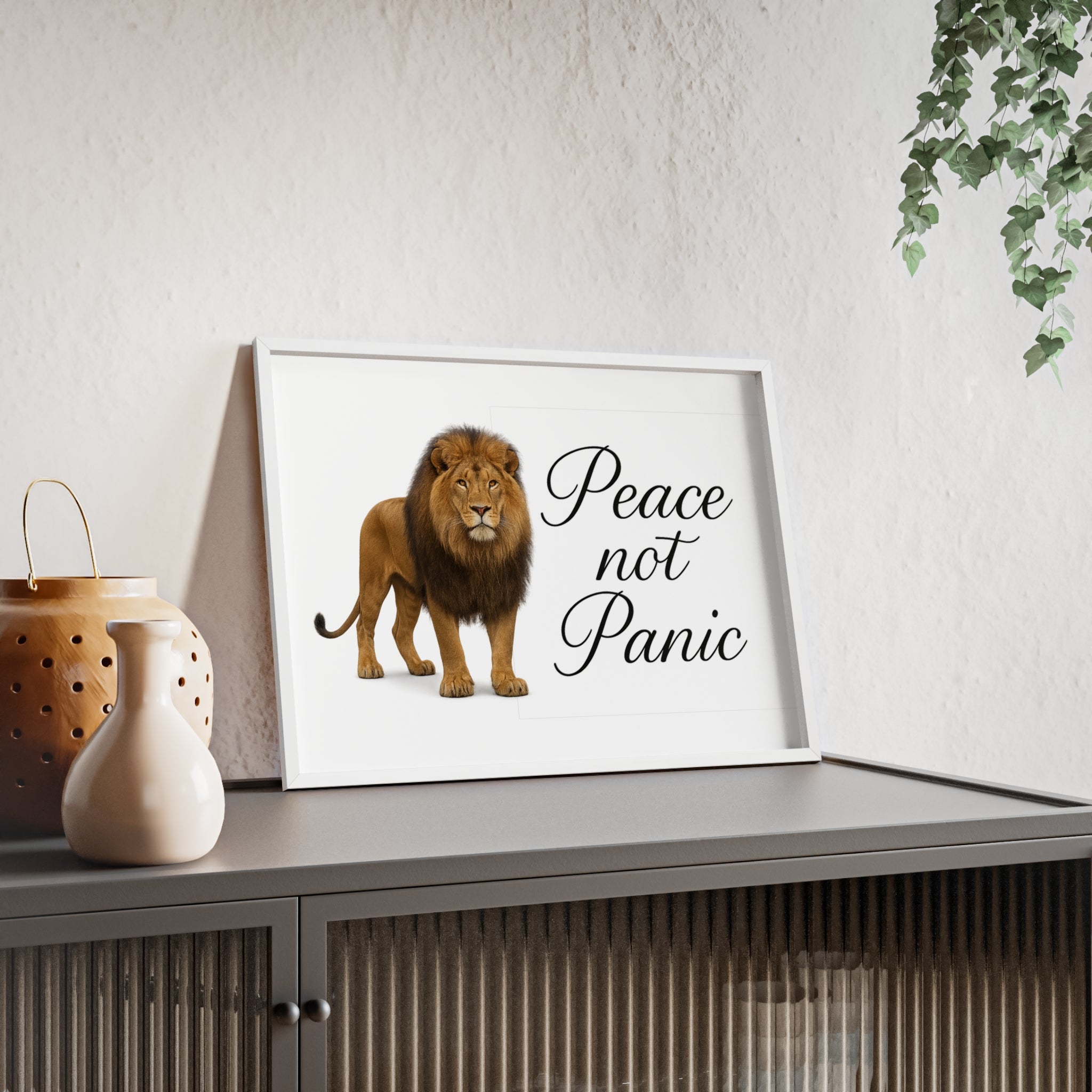 Peace Not Panic Lion Poster with Wooden Frame — Calming Wall Art for Home & Office
