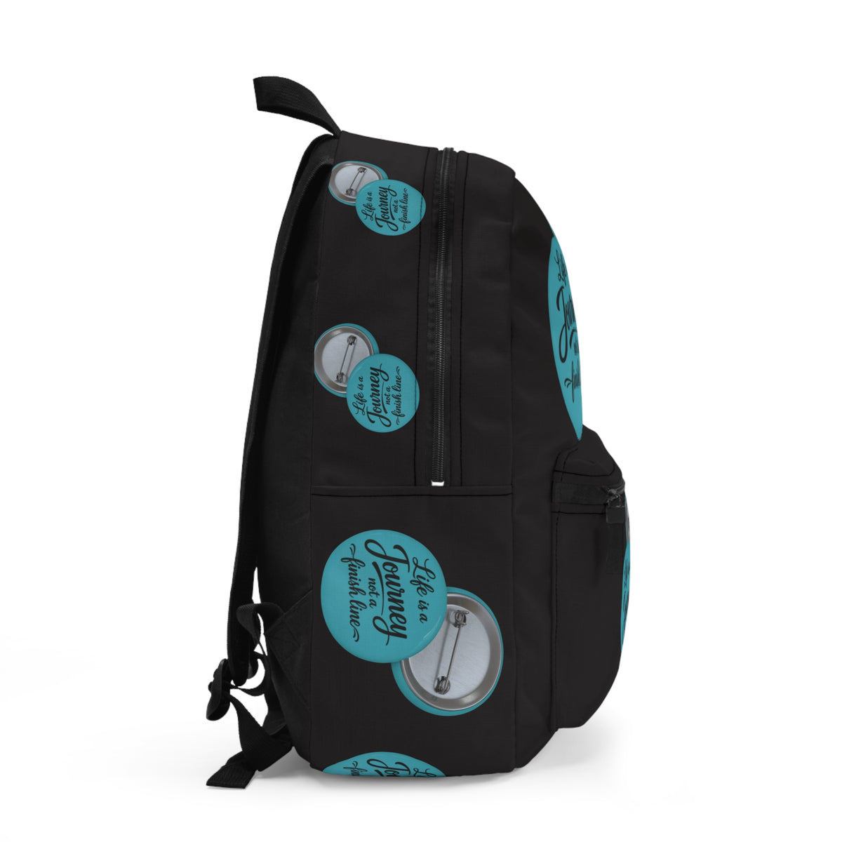 Inspirational Backpack — "Life Is a Journey, Not a Finish Line" graphic design.