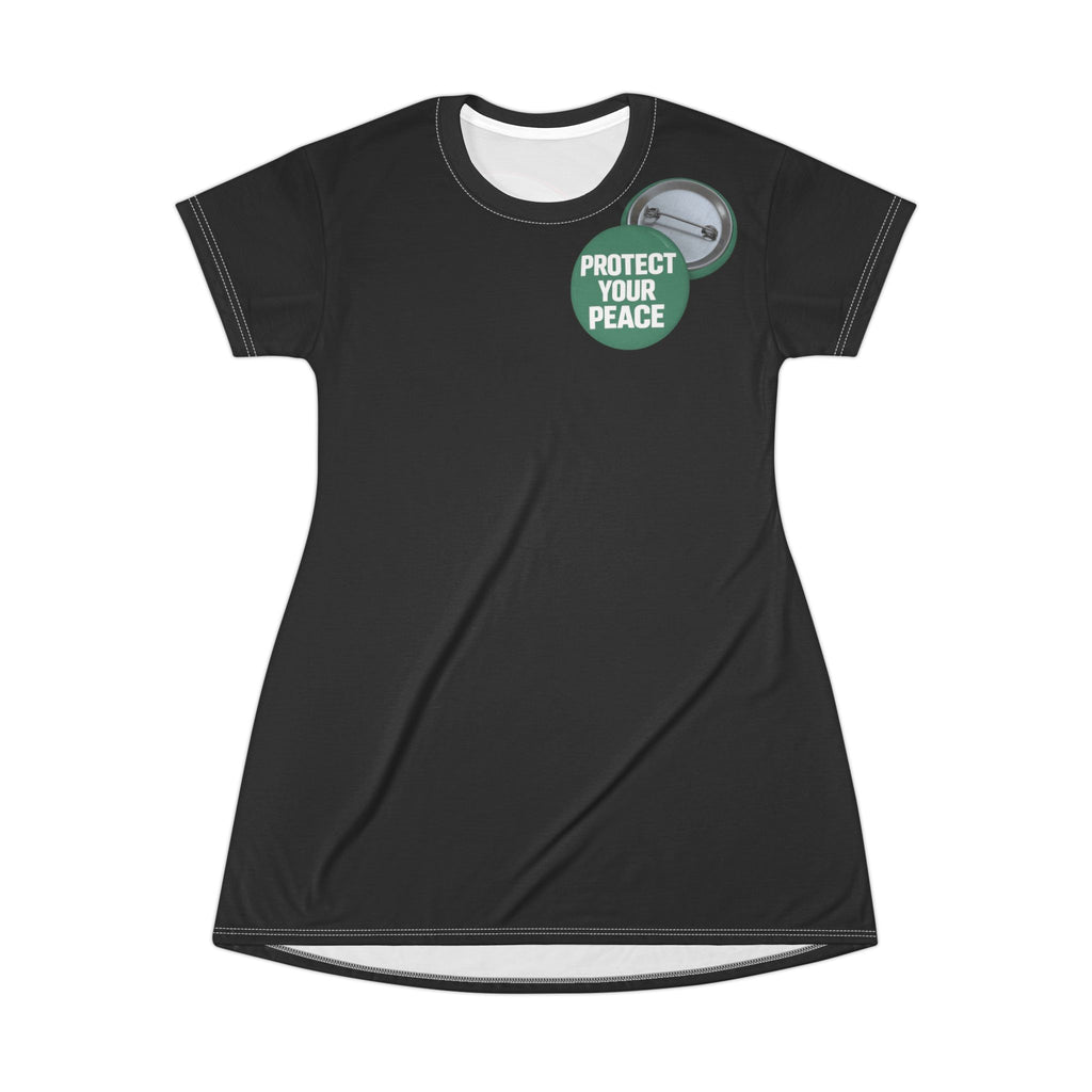 Protect Your Peace T-Shirt Dress — Casual Graphic Button Badge Tee Dress