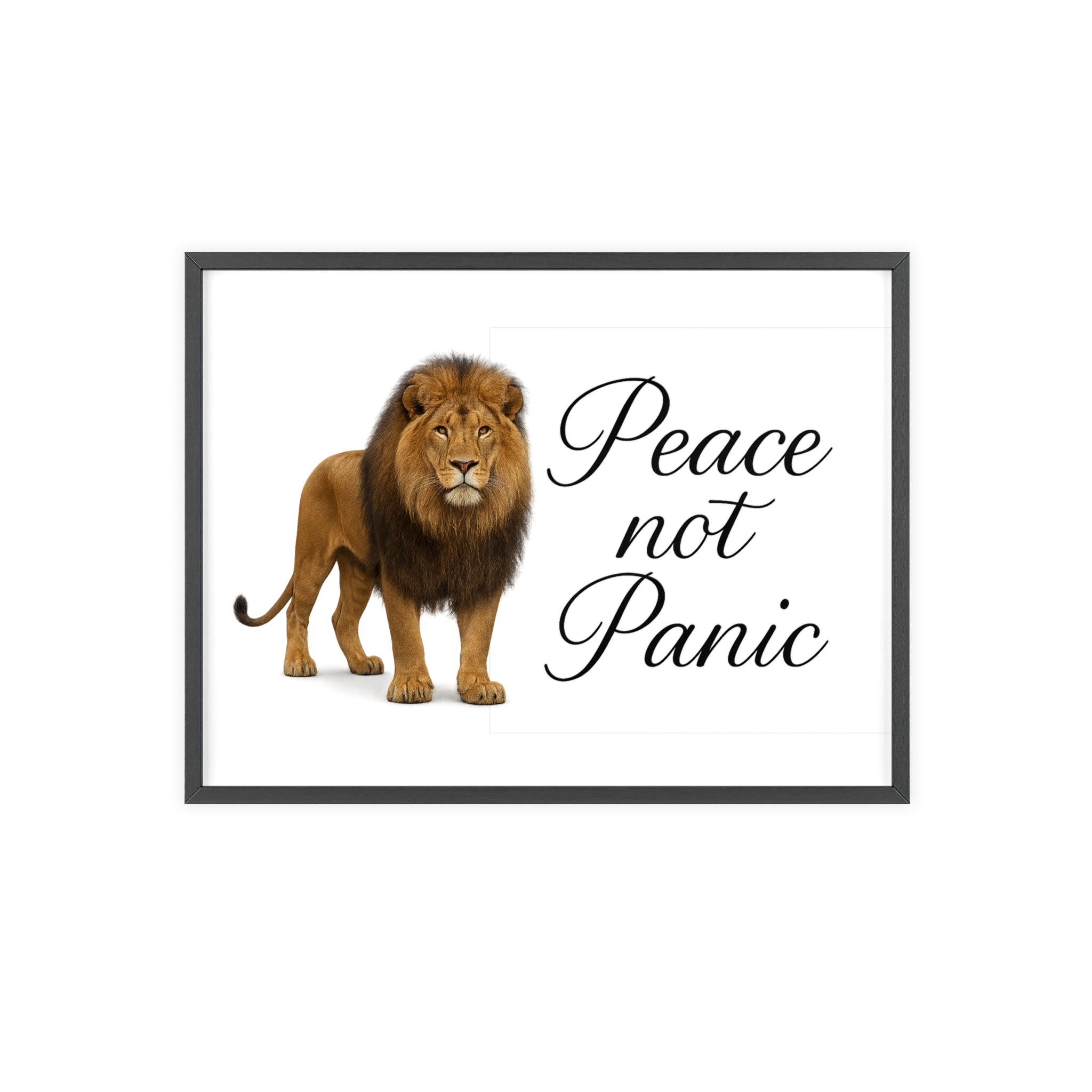 Peace Not Panic Lion Poster with Wooden Frame — Calming Wall Art for Home & Office