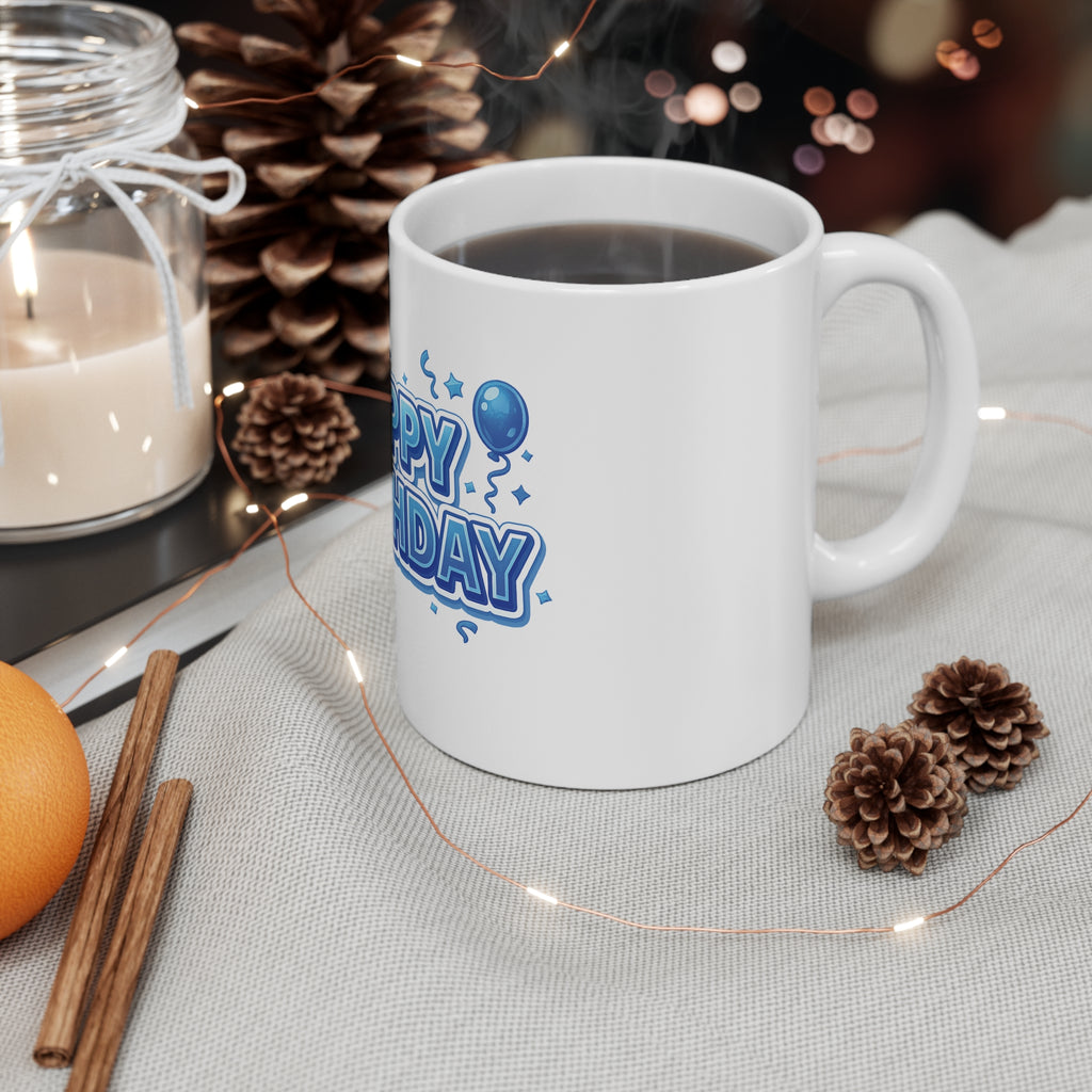 Happy Birthday 11oz Mug — Blue Balloon Celebration Coffee Cup