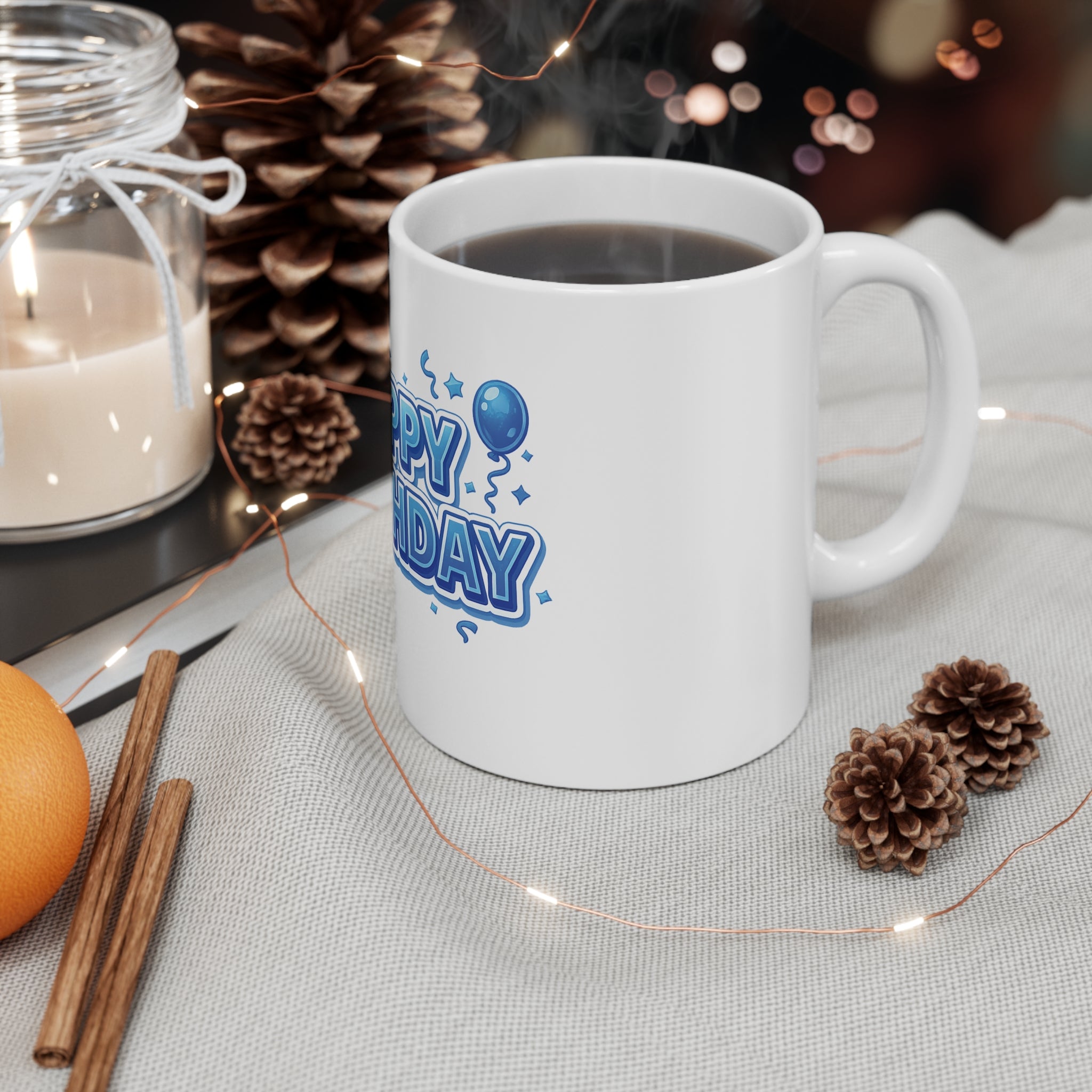 Happy Birthday 11oz Mug — Blue Balloon Celebration Coffee Cup