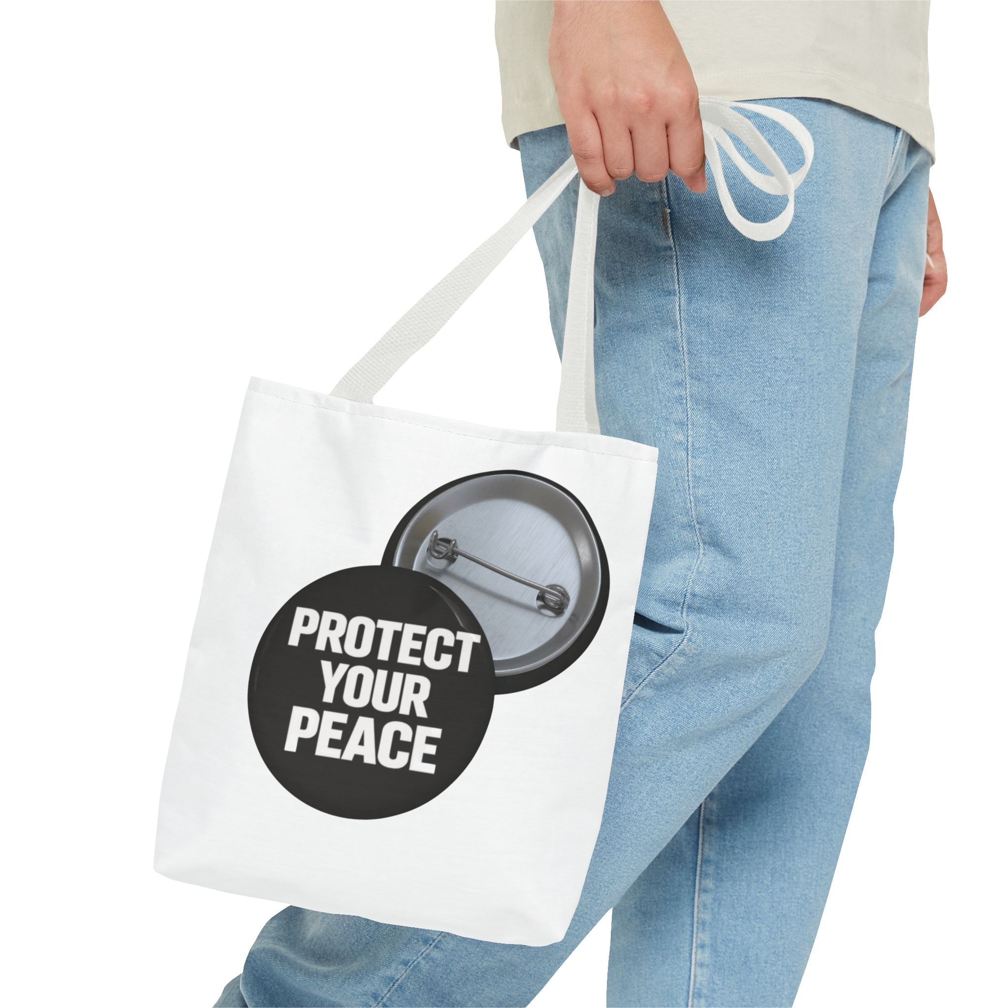 Tote — "Protect Your Peace" Button Design Cotton Tote Bag