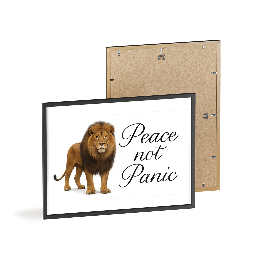 Peace Not Panic Lion Poster with Wooden Frame — Calming Wall Art for Home & Office