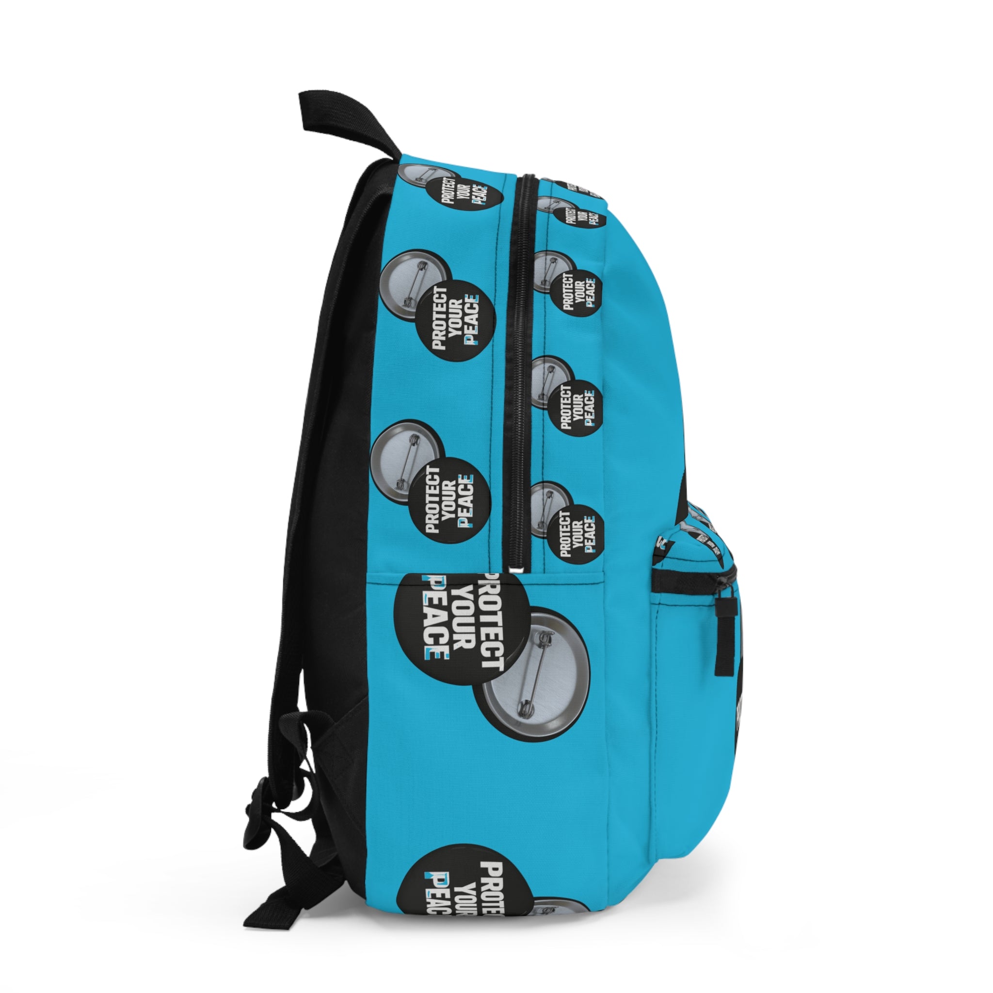 Protect Your Peace Button Backpack — Turquoise Badge Print School Bag