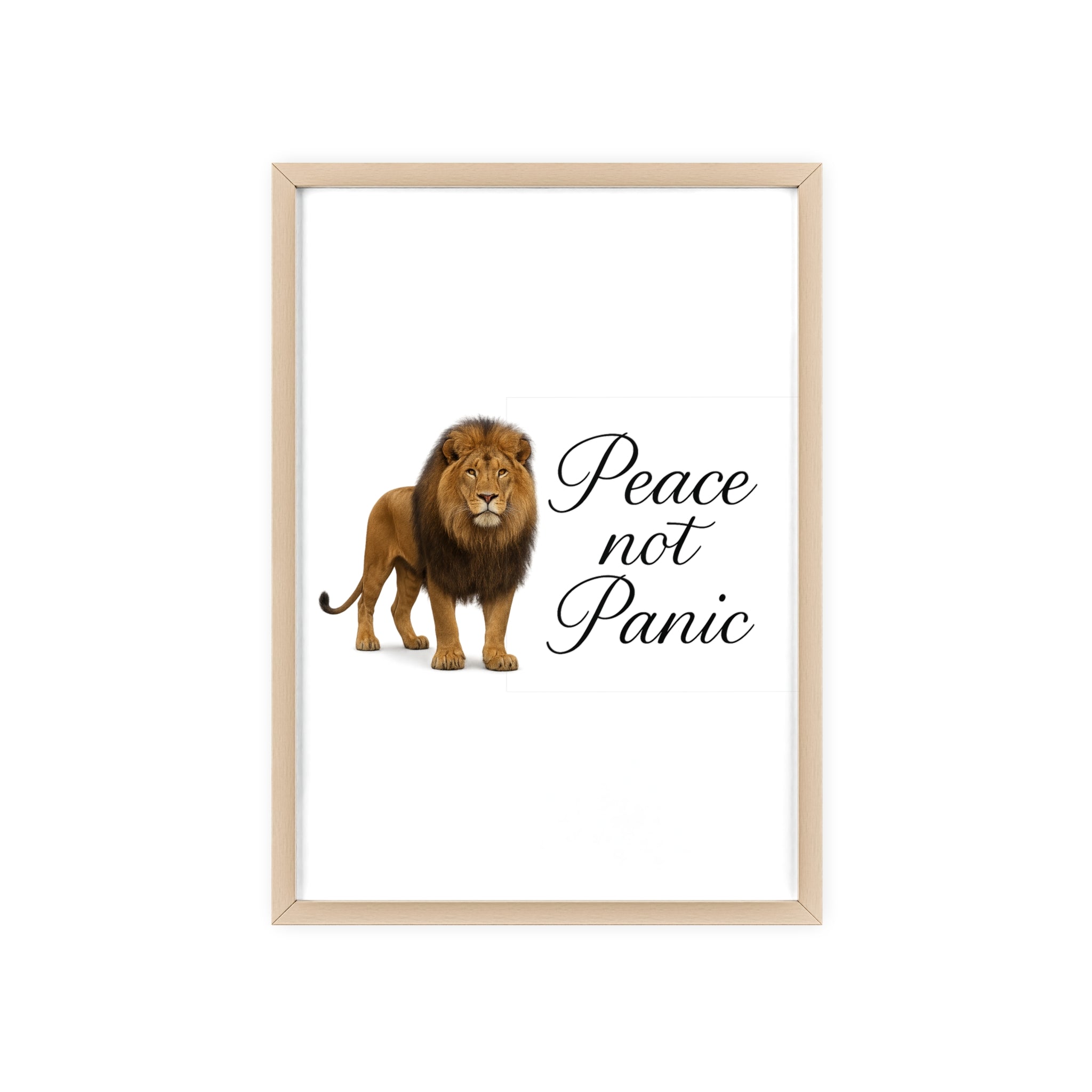 Peace Not Panic Lion Poster with Wooden Frame — Calming Wall Art for Home & Office
