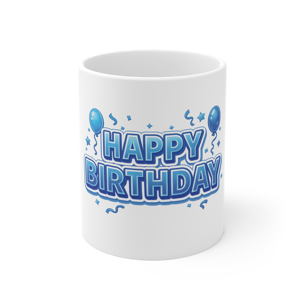 Happy Birthday 11oz Mug — Blue Balloon Celebration Coffee Cup