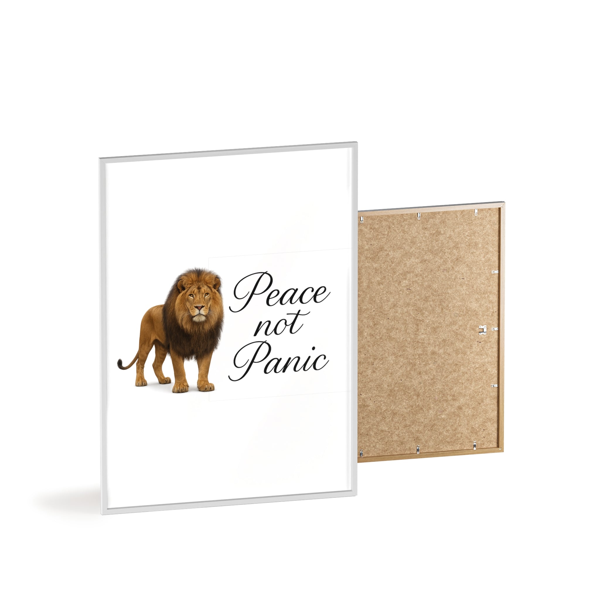 Peace Not Panic Lion Poster with Wooden Frame — Calming Wall Art for Home & Office