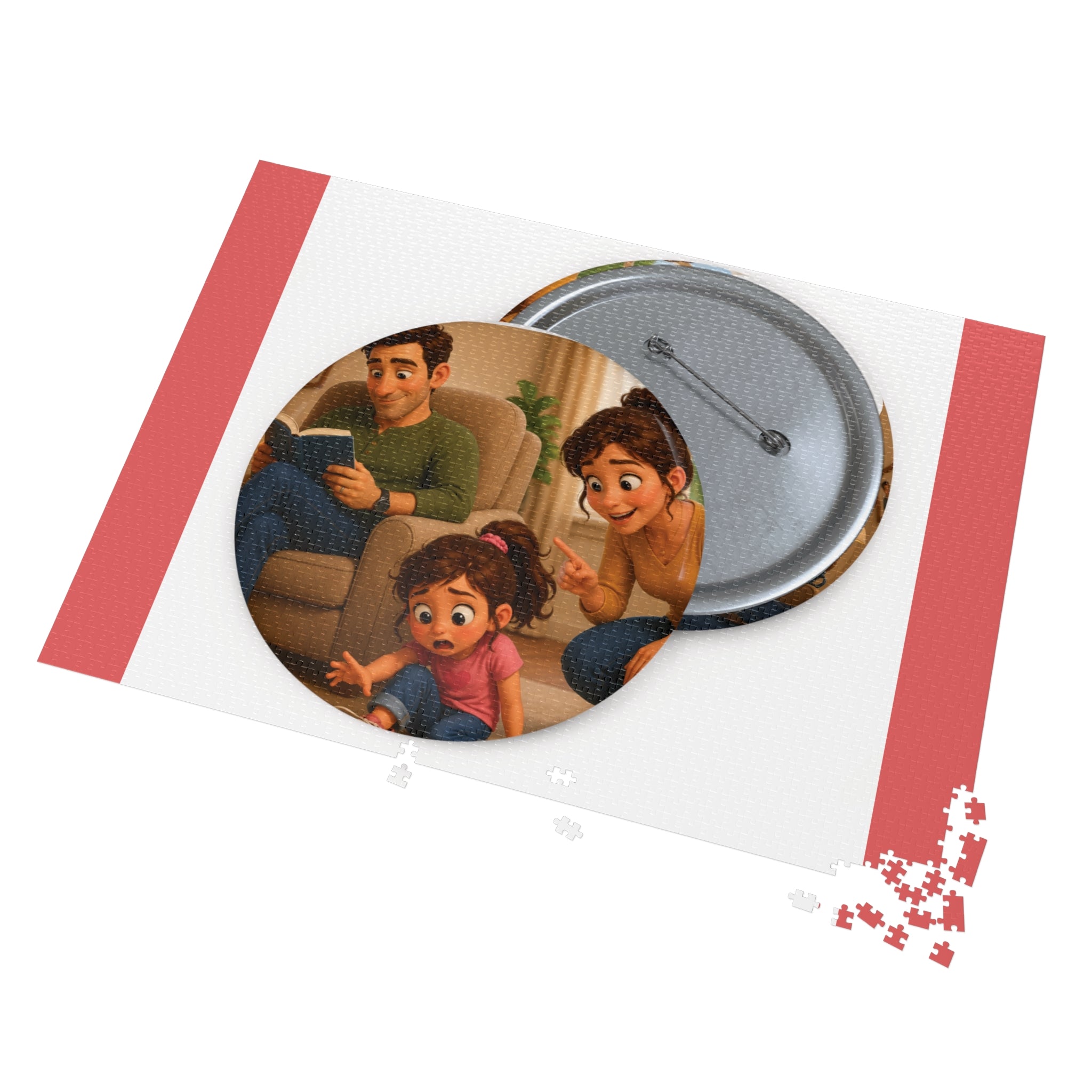 Family Moment 252-Piece Round Tin Puzzle — Cute Parents & Kid Illustration