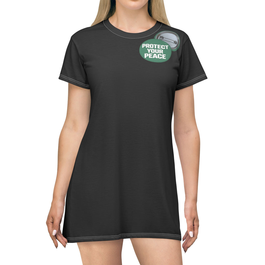 Protect Your Peace T-Shirt Dress — Casual Graphic Button Badge Tee Dress