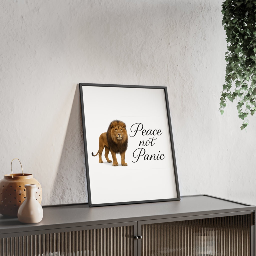 Peace Not Panic Lion Poster with Wooden Frame — Calming Wall Art for Home & Office